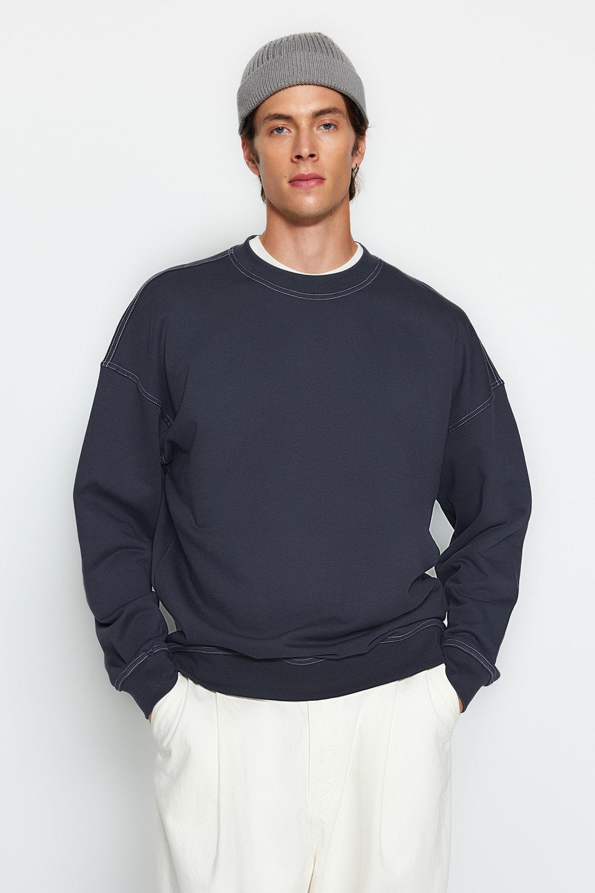 Grey Oversize Crew Neck Detail Sweatshirt, , large image number 0