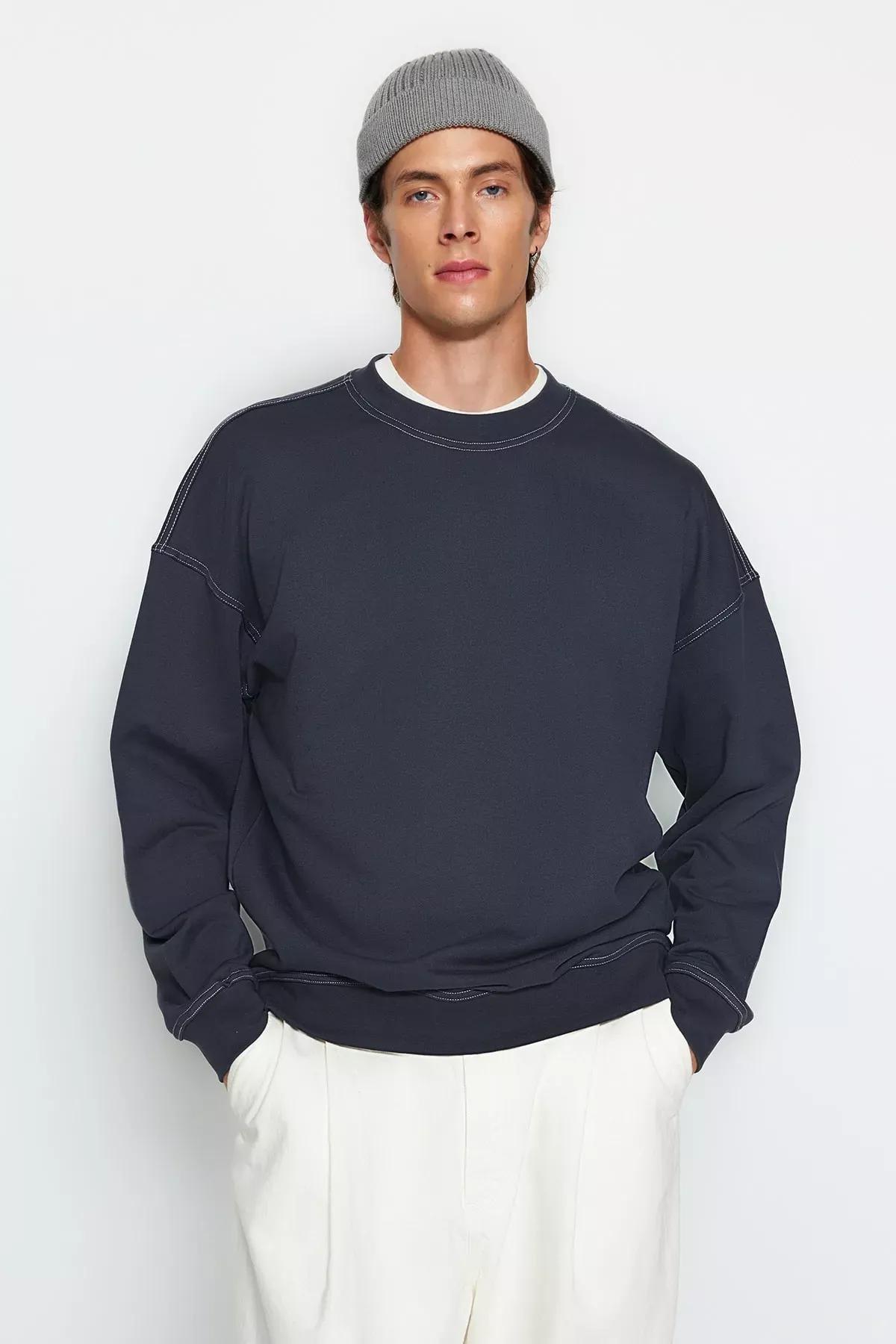 Grey Oversize Crew Neck Detail Sweatshirt, , large image number 0