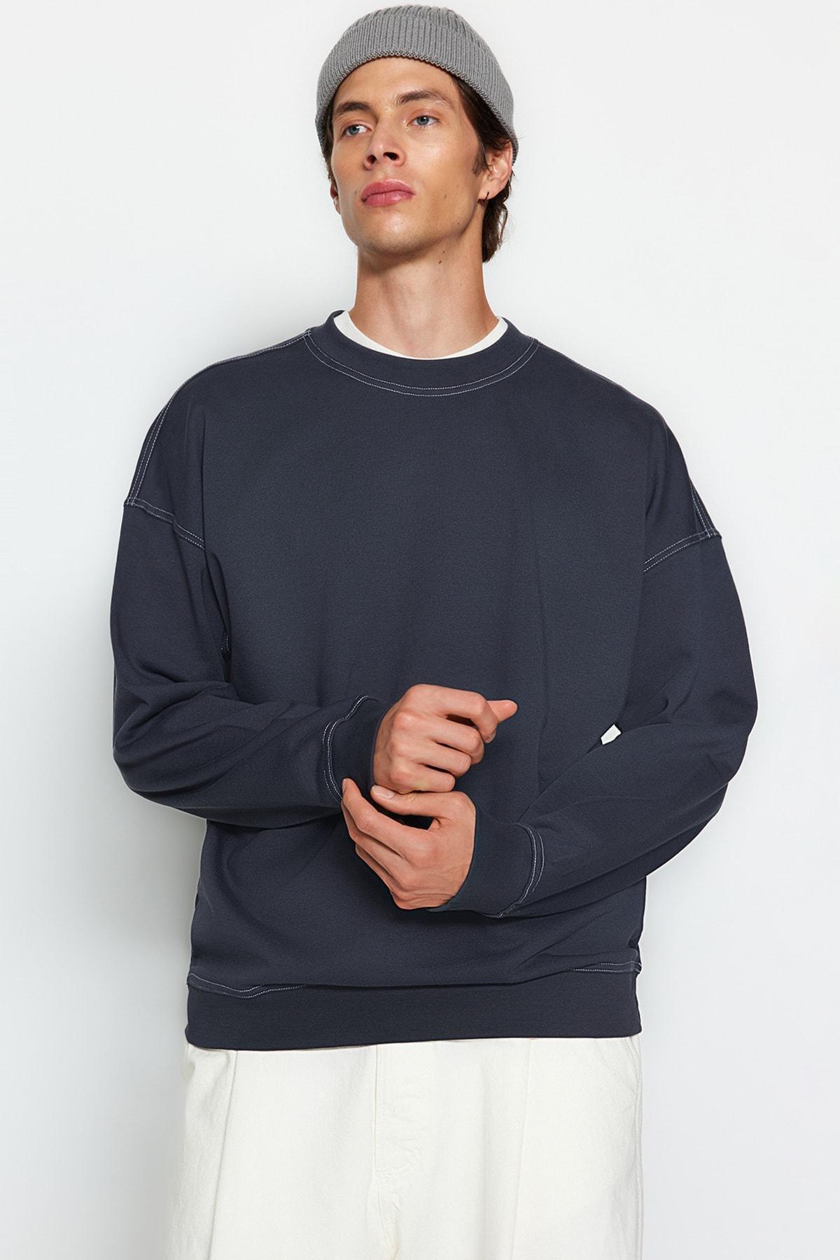 Grey Oversize Crew Neck Detail Sweatshirt, , large image number 1