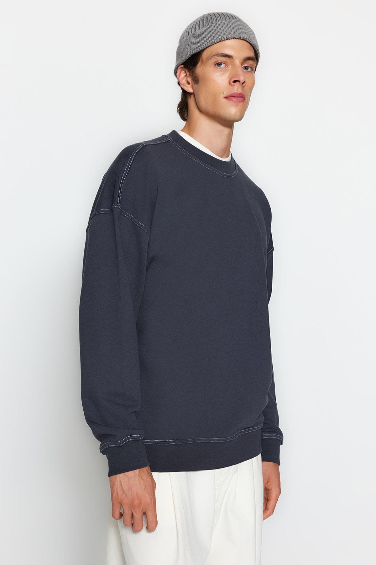Grey Oversize Crew Neck Detail Sweatshirt, , large image number 2