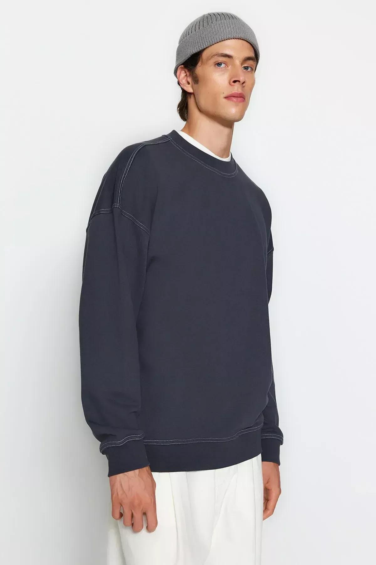 Grey Oversize Crew Neck Detail Sweatshirt, , large image number 2