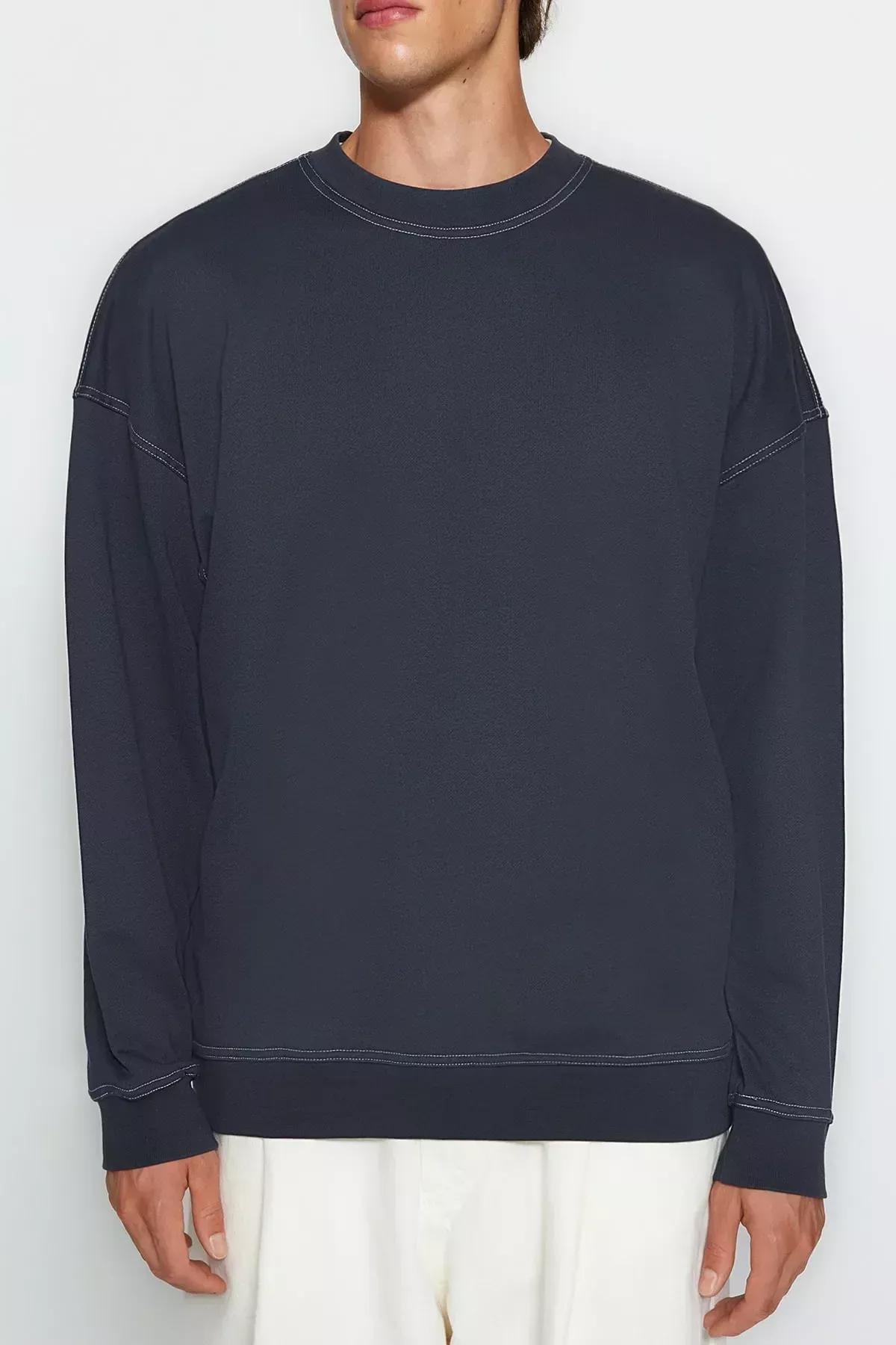 Grey Oversize Crew Neck Detail Sweatshirt, , large image number 3