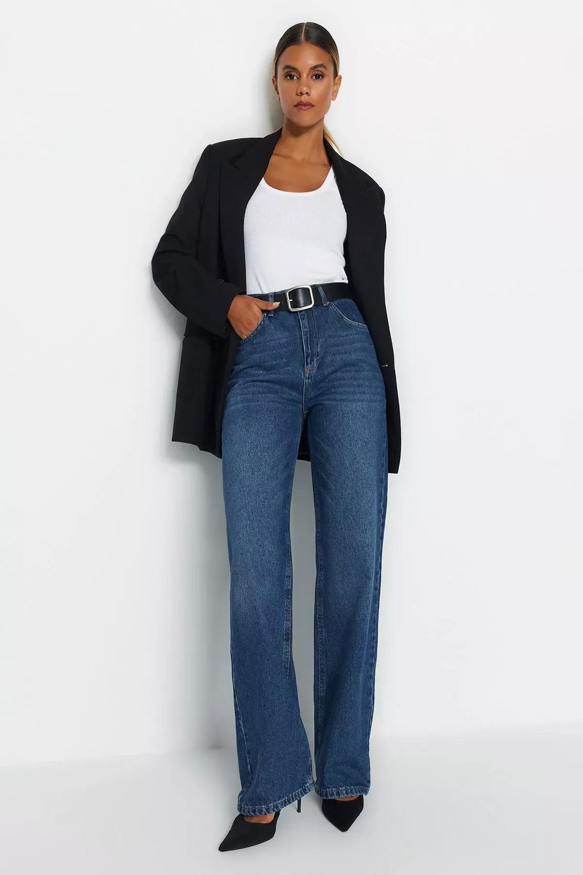 Blue High Waist Wide Leg Jeans, DARK BLUE, medium