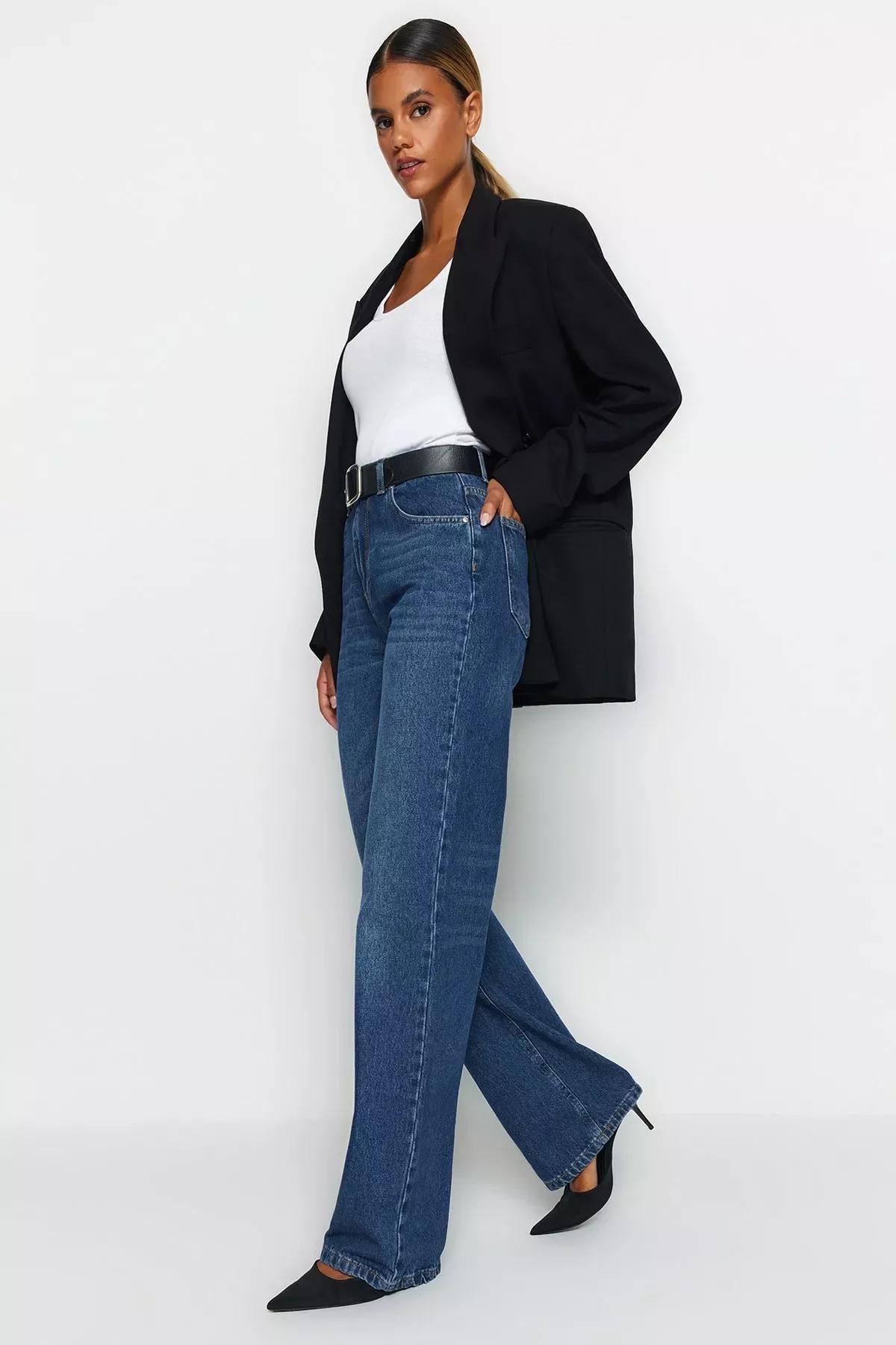 Blue High Waist Wide Leg Jeans, DARK BLUE, medium