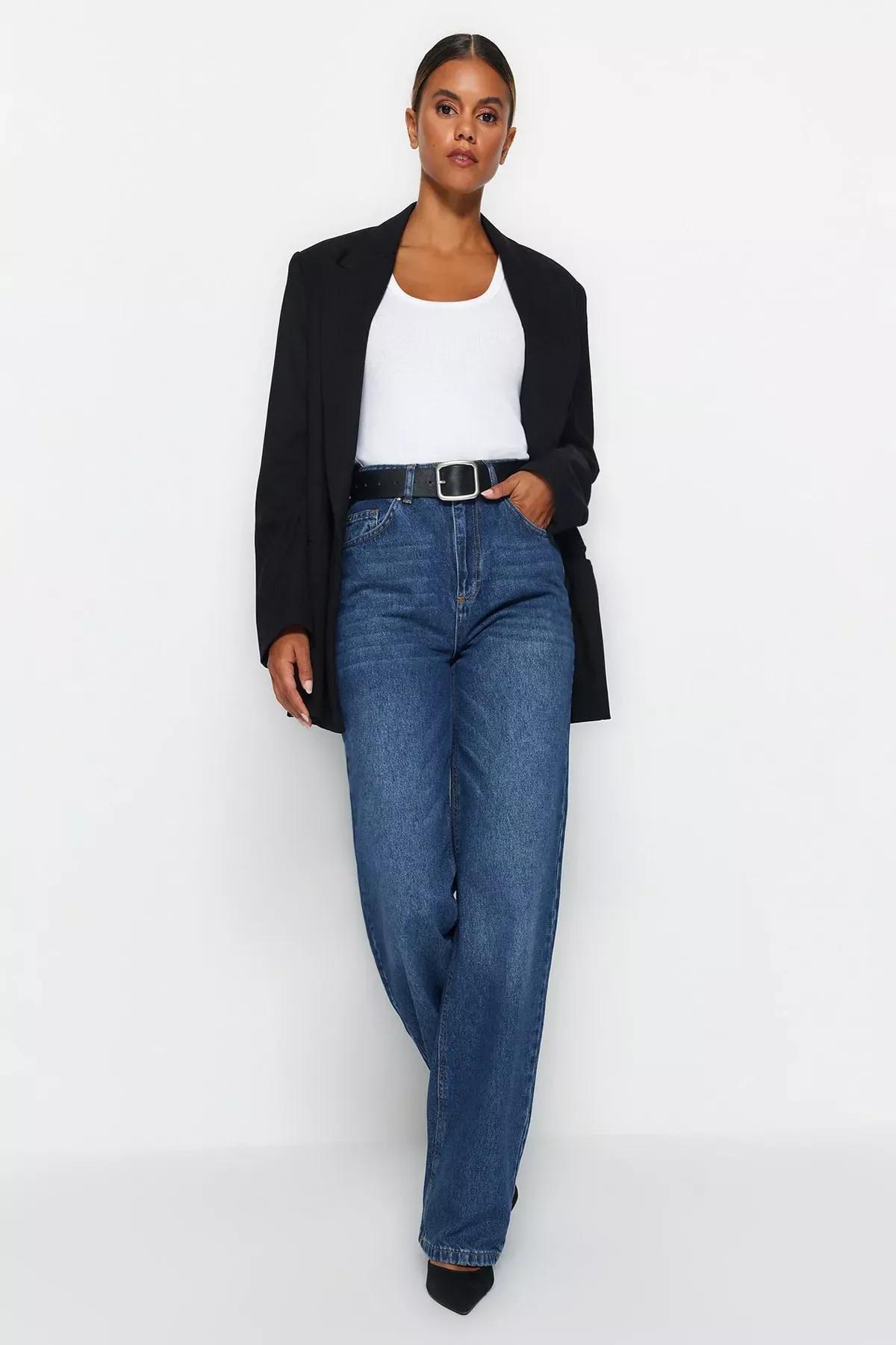 Blue High Waist Wide Leg Jeans, DARK BLUE, medium