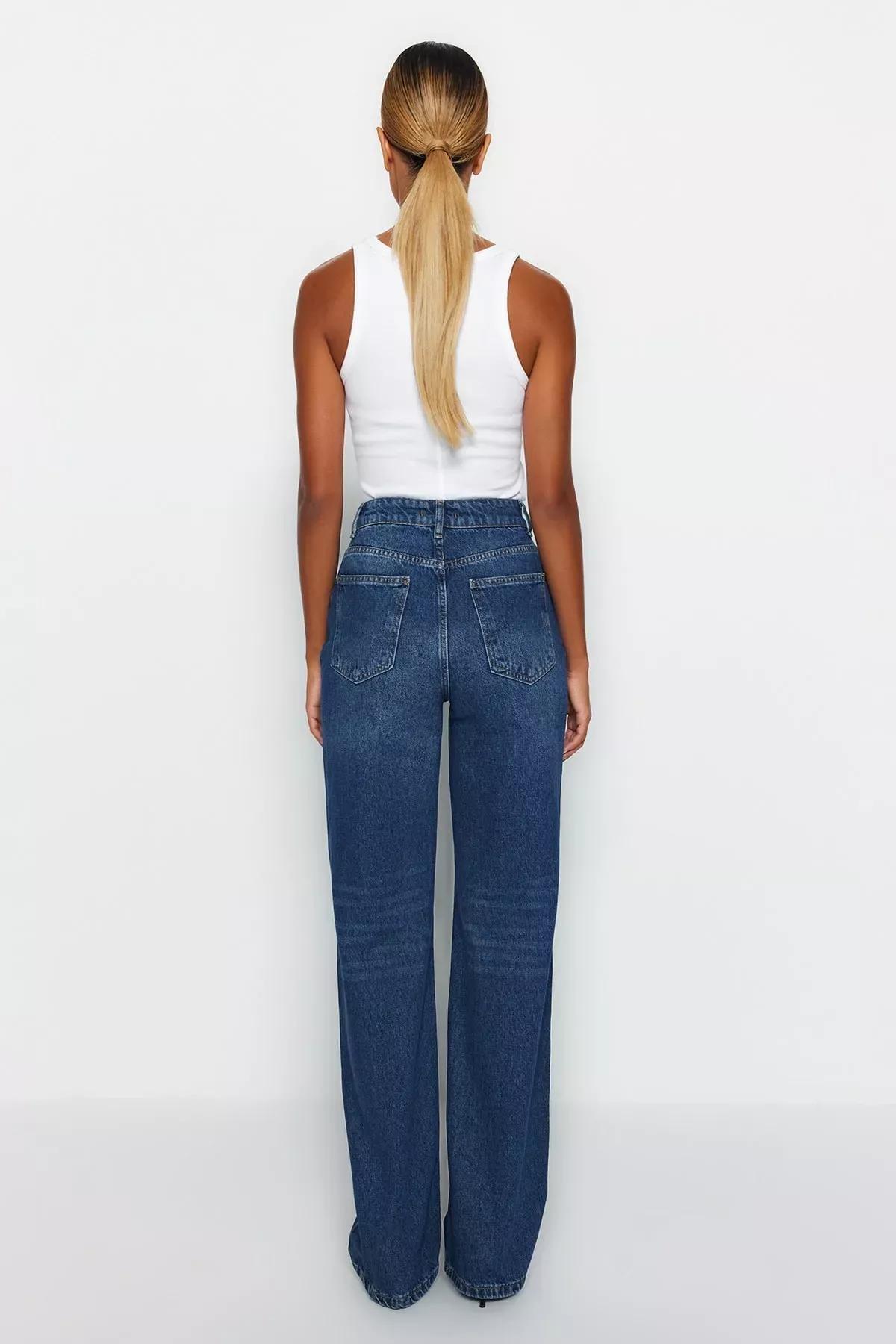 Blue High Waist Wide Leg Jeans, DARK BLUE, large image number 4