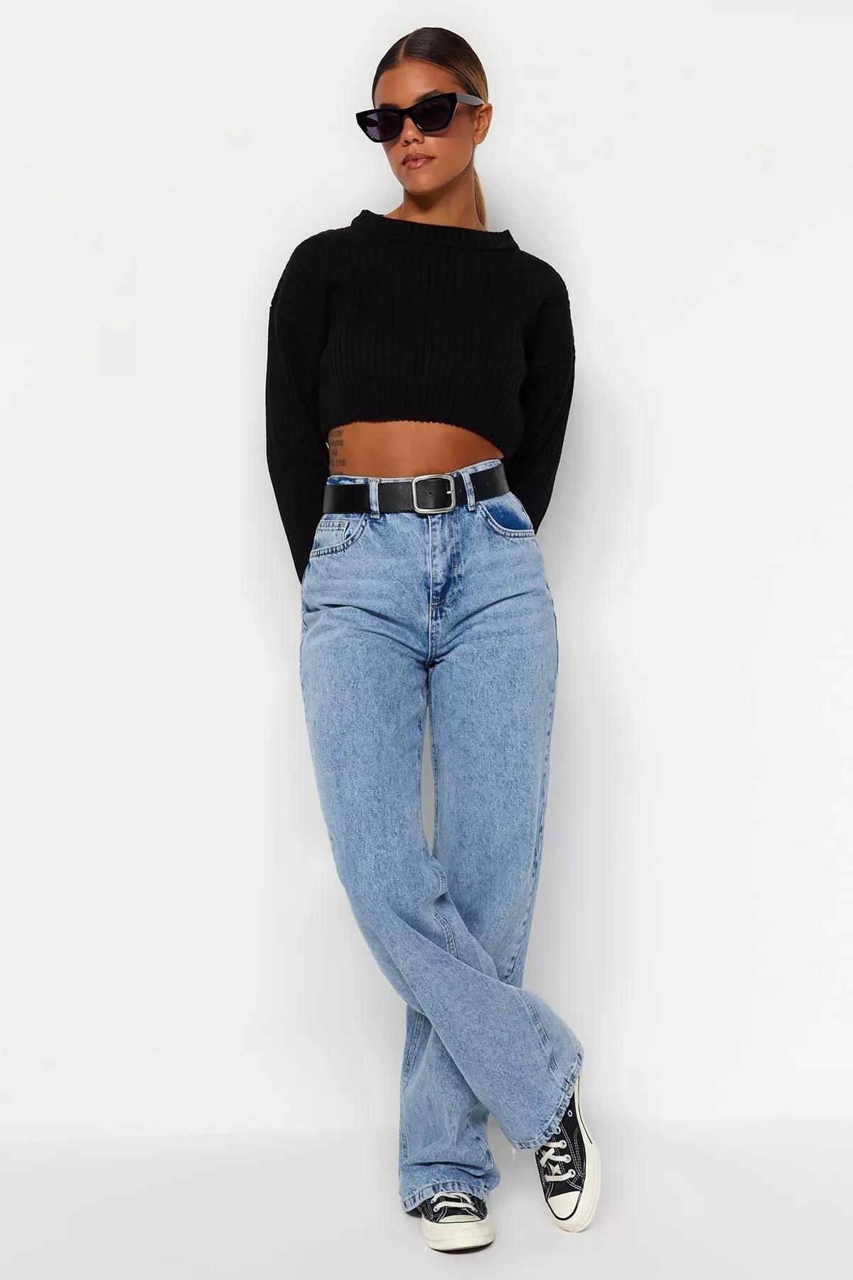 جينز بقصة ساق عريضة بخصر مرتفع، أزرق, LIGHT BLUE, medium