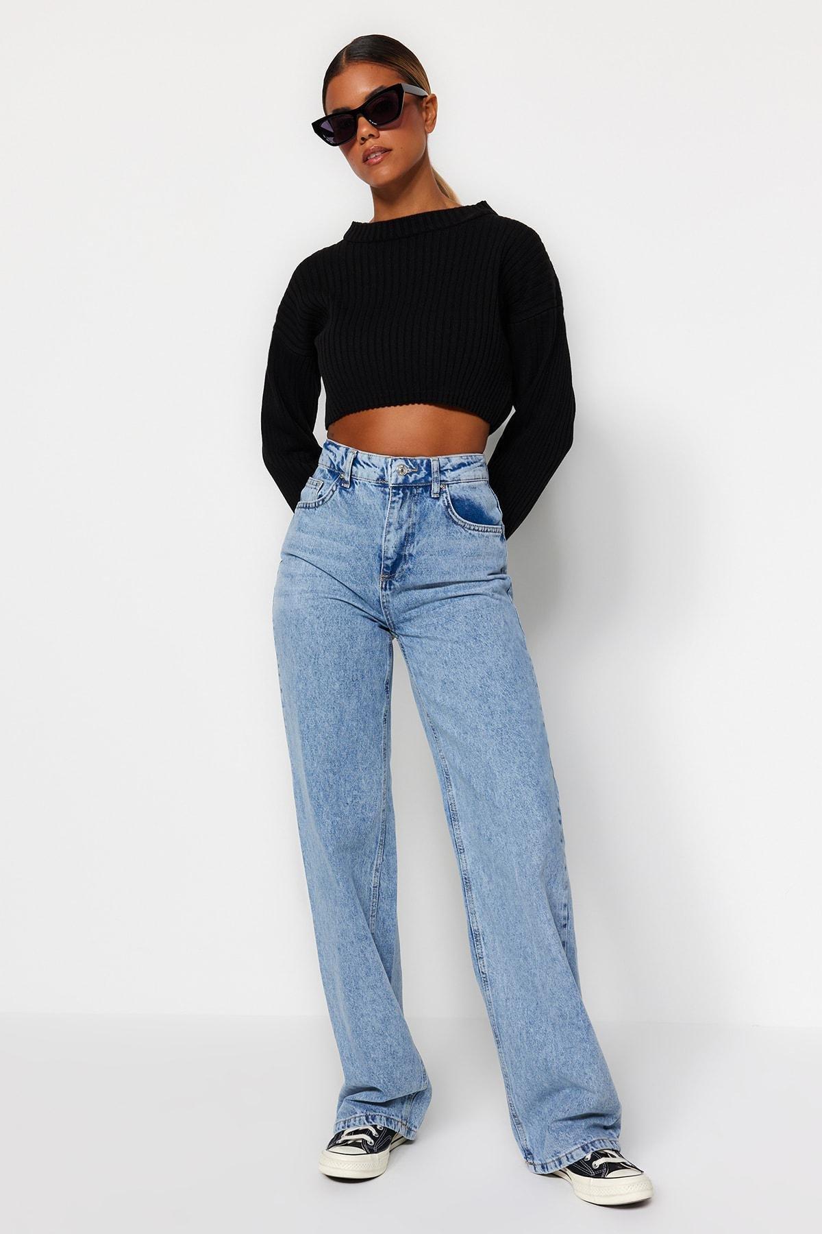 Blue High Waist Wide Leg Jeans, , large image number 3