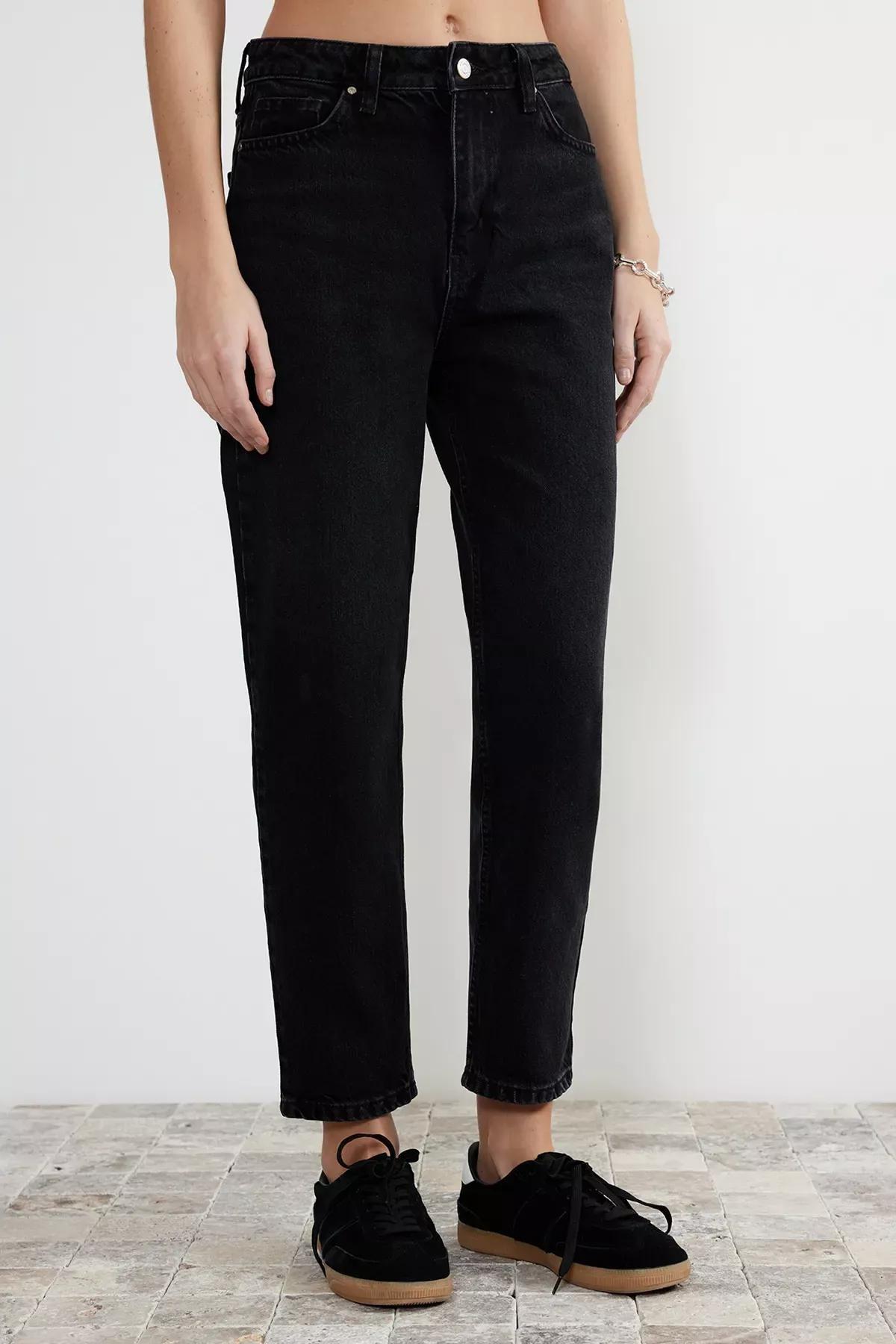 Black High Waist Mom Jeans, BLACK, large image number 1