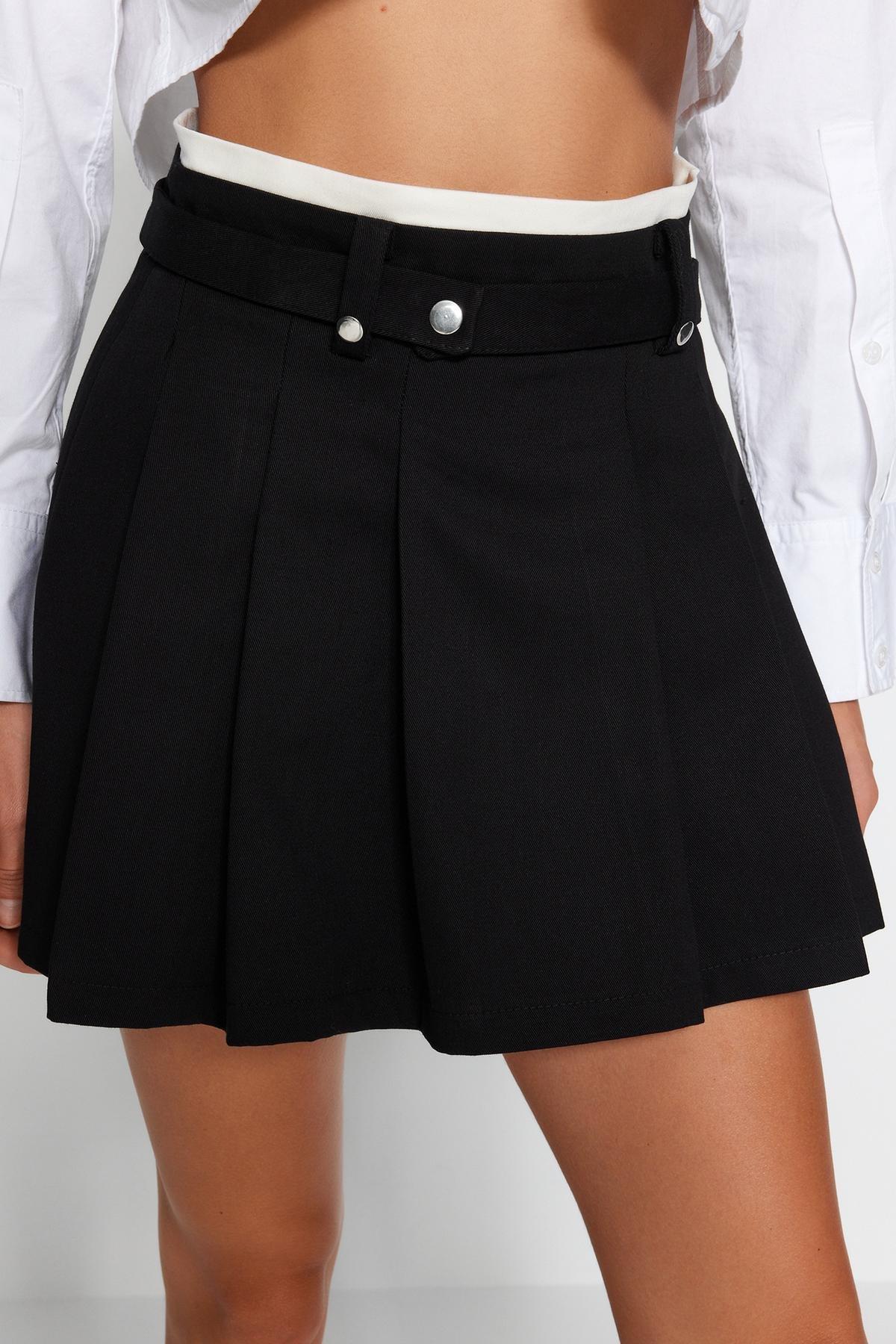 Black Belted Detailed Pleated Mini Skirt, , large image number 4