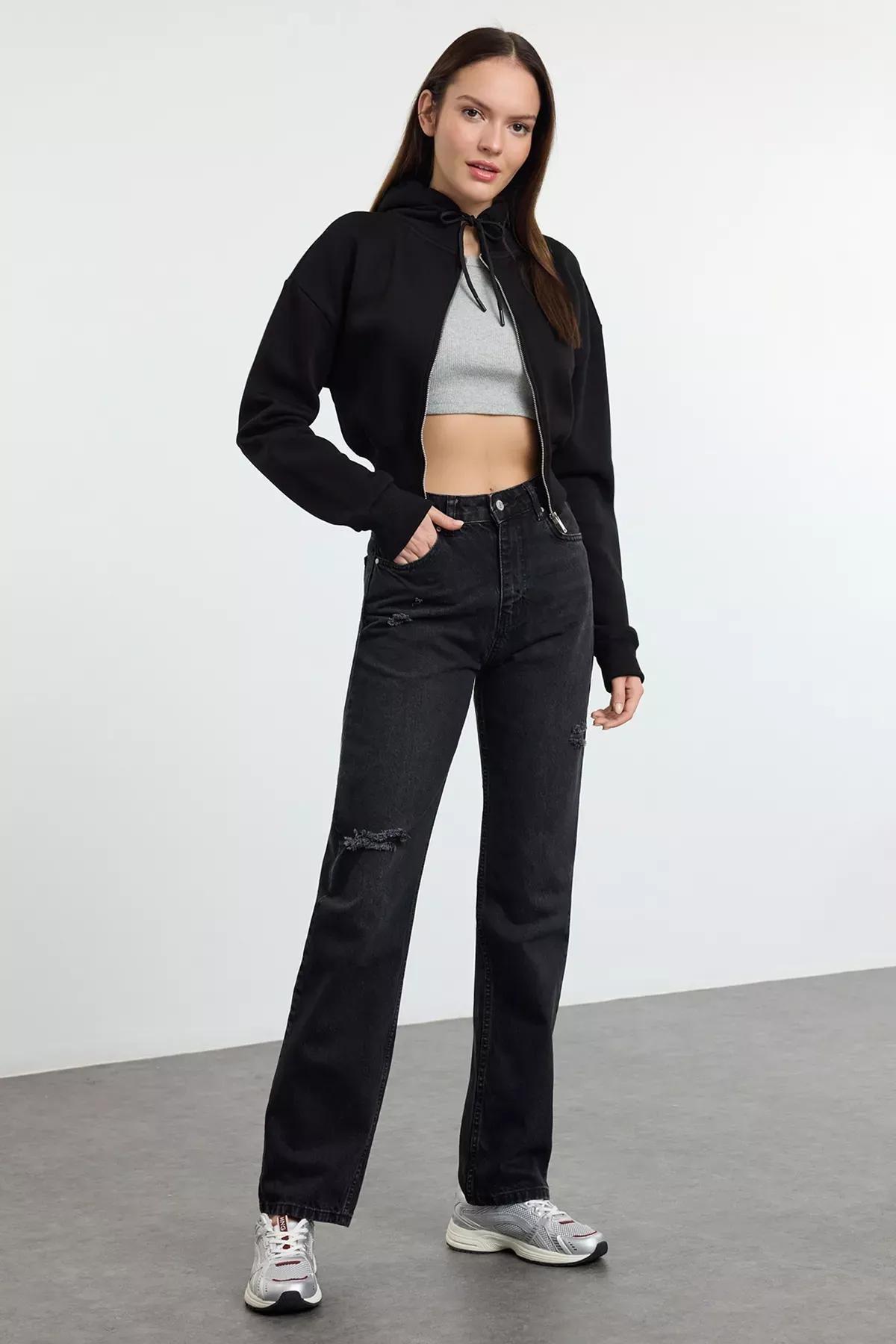 Grey Ripped Long Straight Jeans, , large image number 0