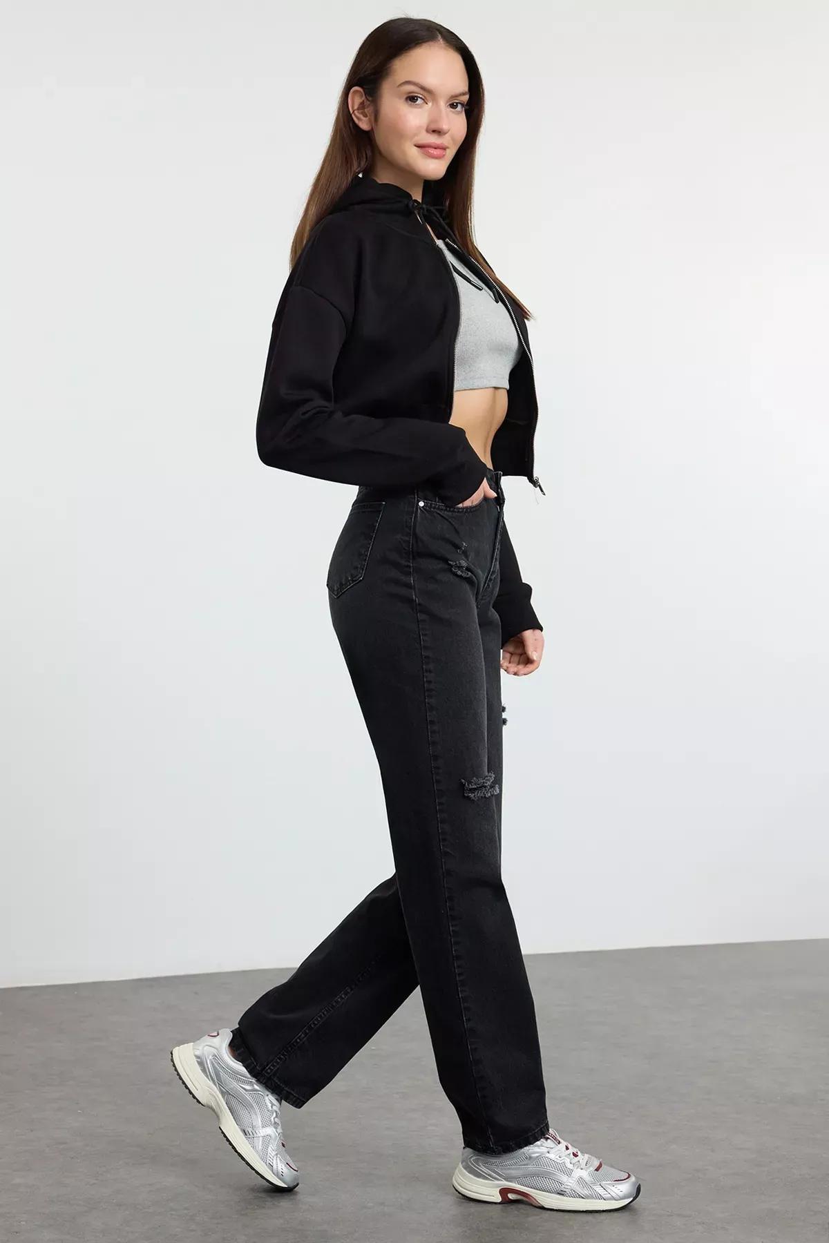 Grey Ripped Long Straight Jeans, , large image number 1