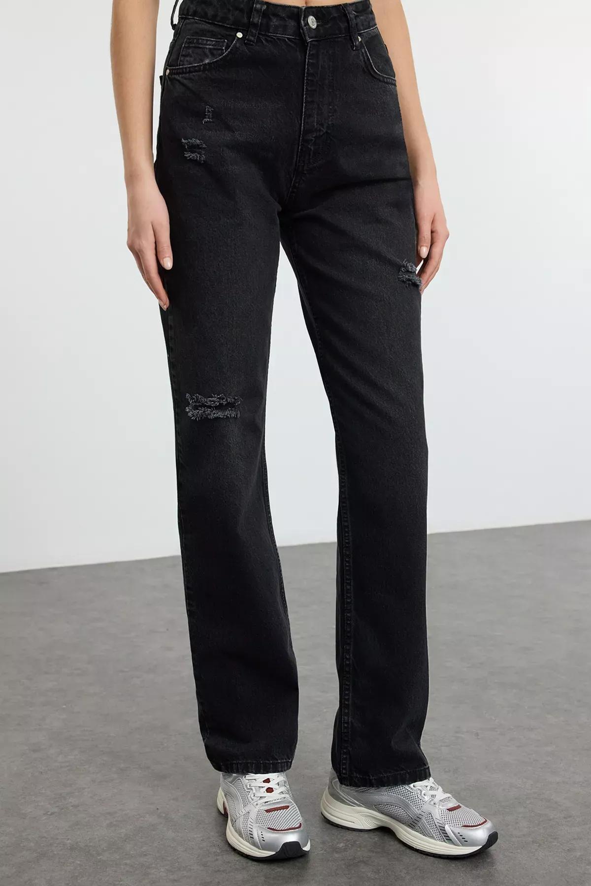 Grey Ripped Long Straight Jeans, , large image number 2