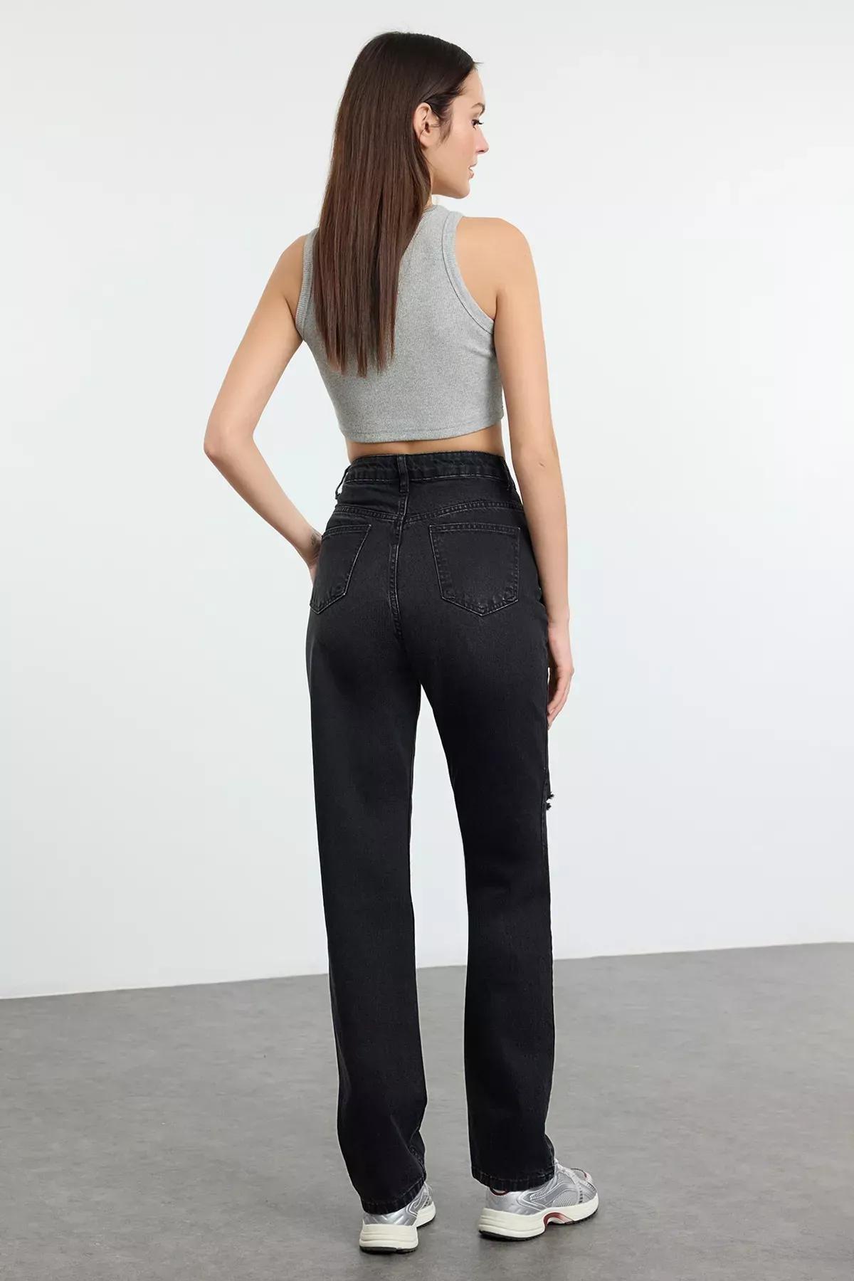 Grey Ripped Long Straight Jeans, , large image number 4