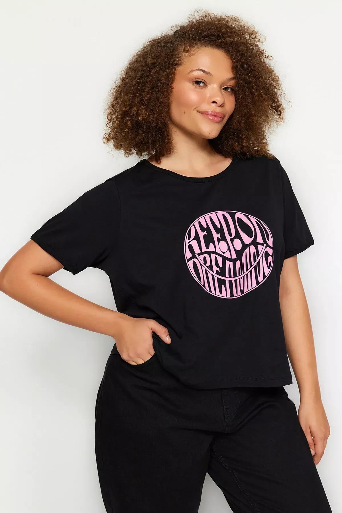 Black Regular Plus Size T-Shirt, , medium