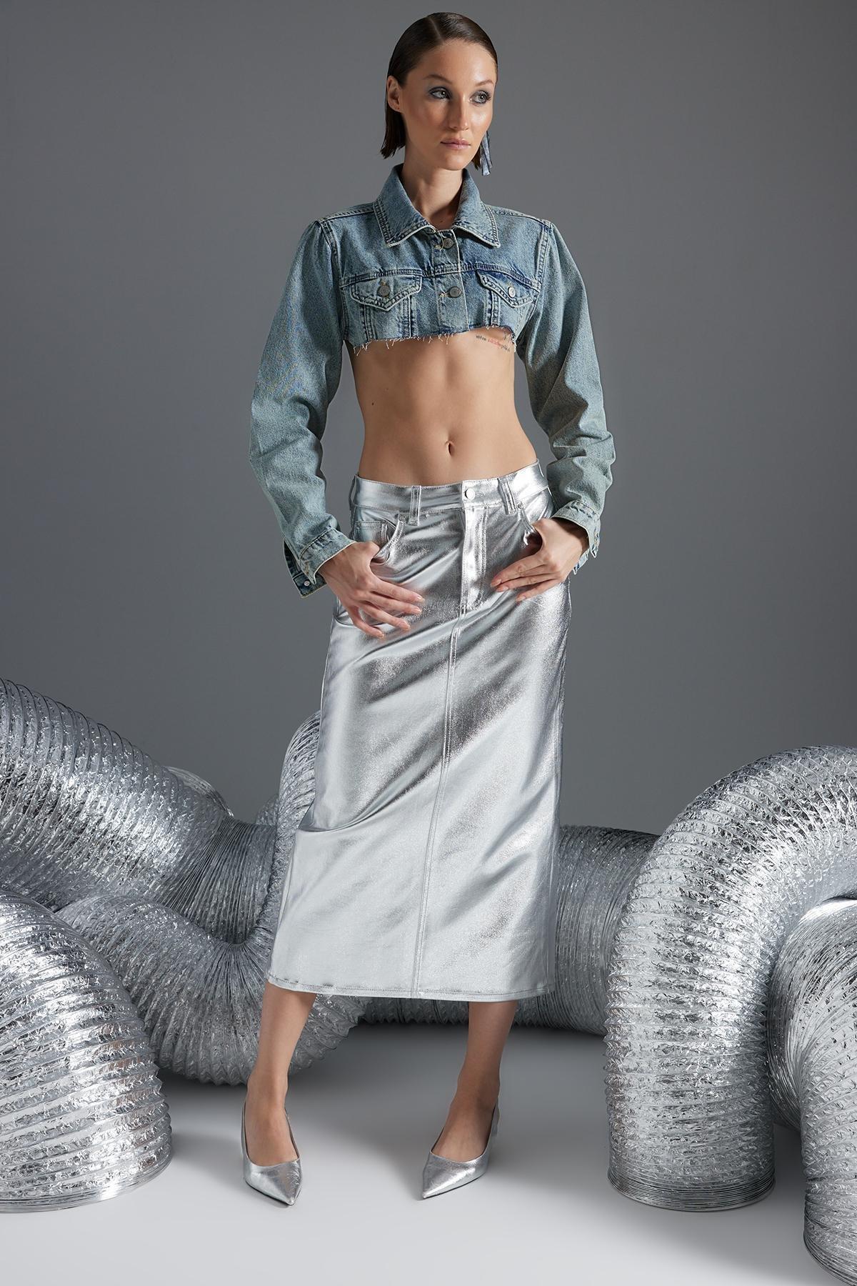 White Denim Metallic Printed Maxi Skirt, , large image number 0