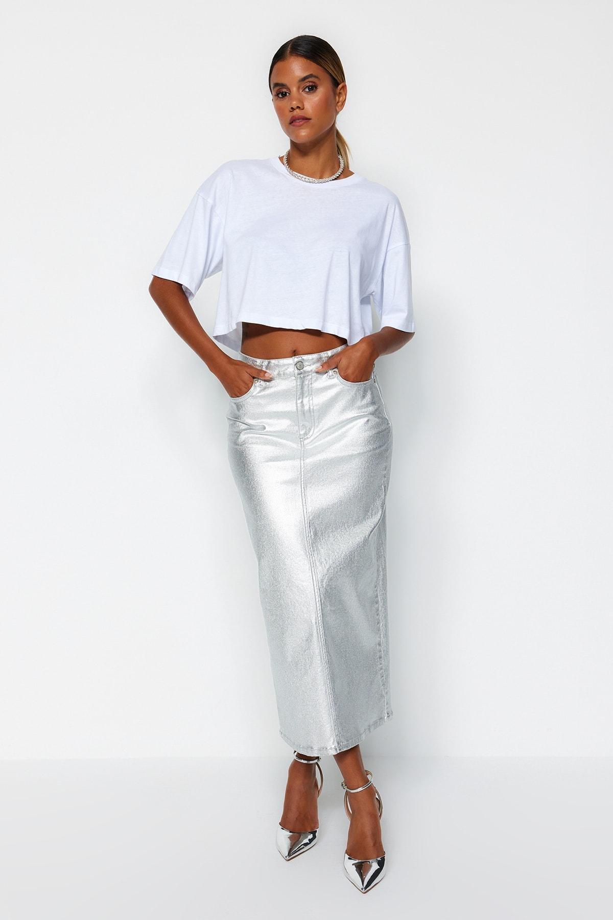 White Denim Metallic Printed Maxi Skirt, , large image number 1