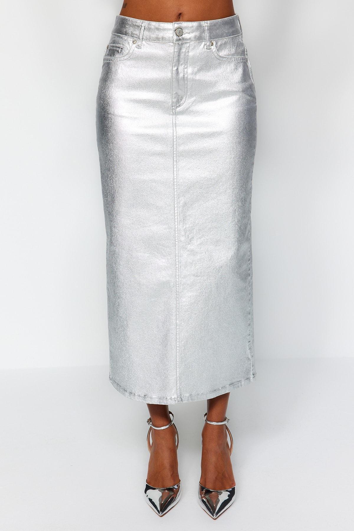 White Denim Metallic Printed Maxi Skirt, , large image number 2