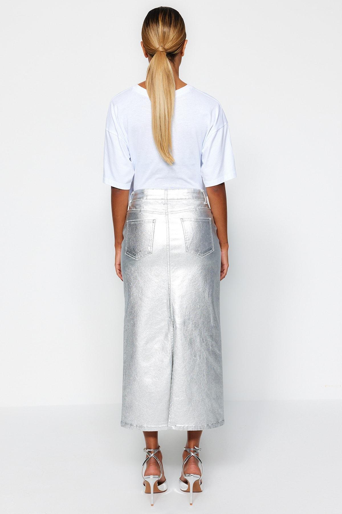 White Denim Metallic Printed Maxi Skirt, , large image number 4