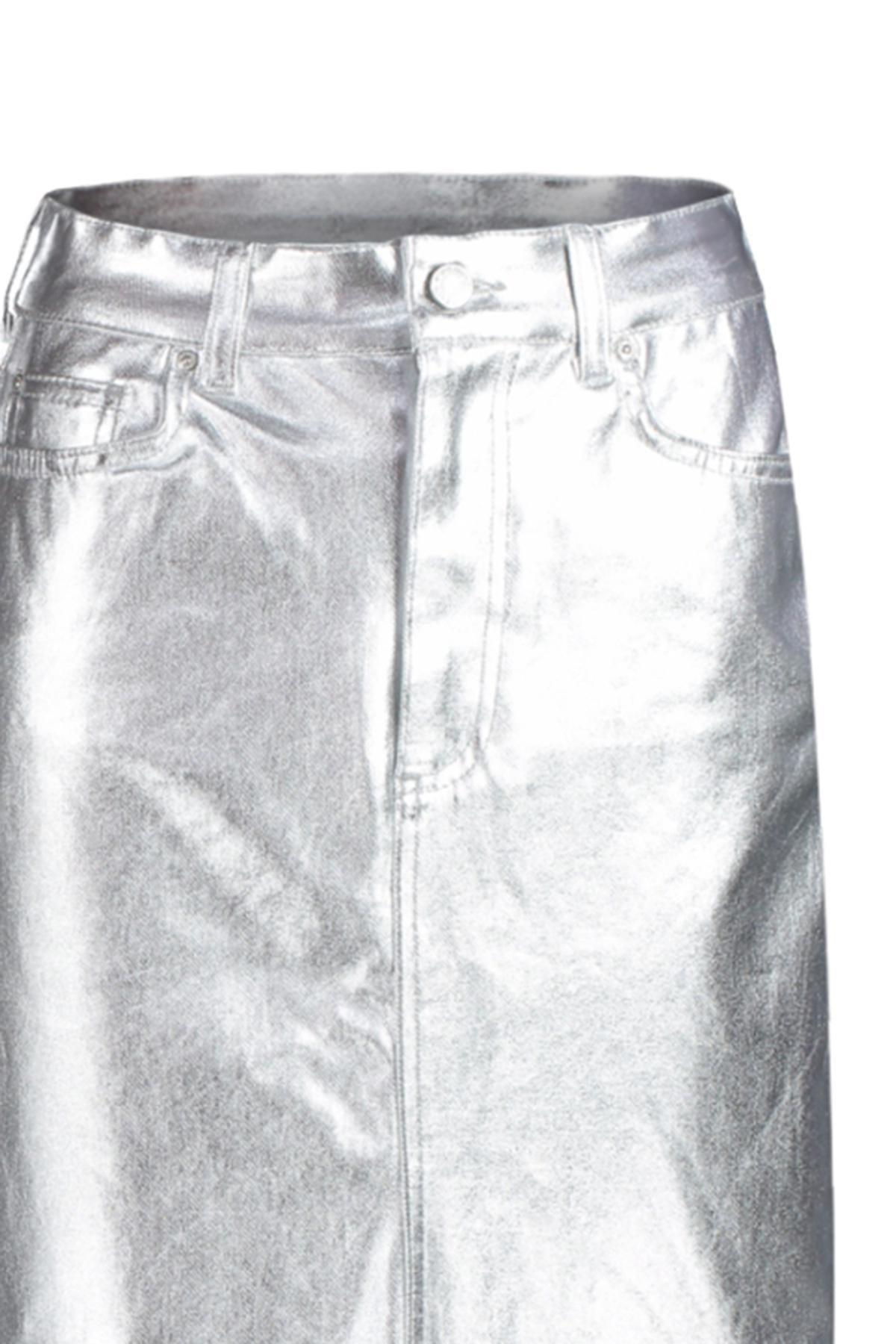 White Denim Metallic Printed Maxi Skirt, , large image number 5