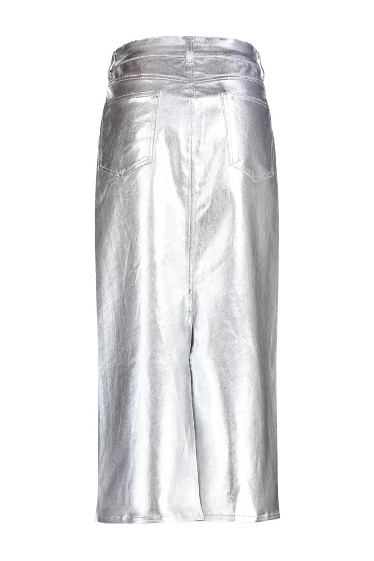 White Denim Metallic Printed Maxi Skirt, , large image number 6