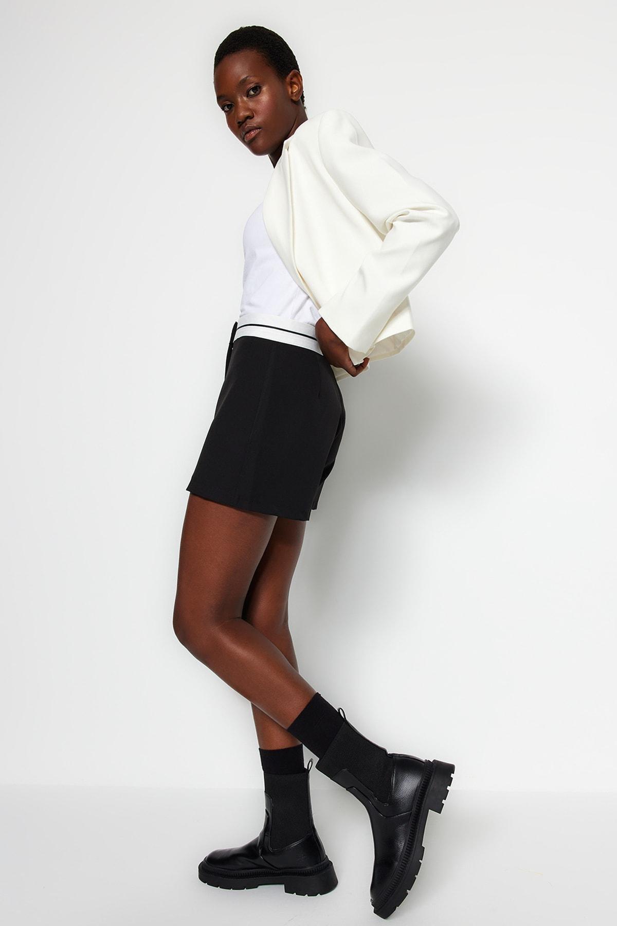 Black Waist Detail Woven Skort, , large image number 1