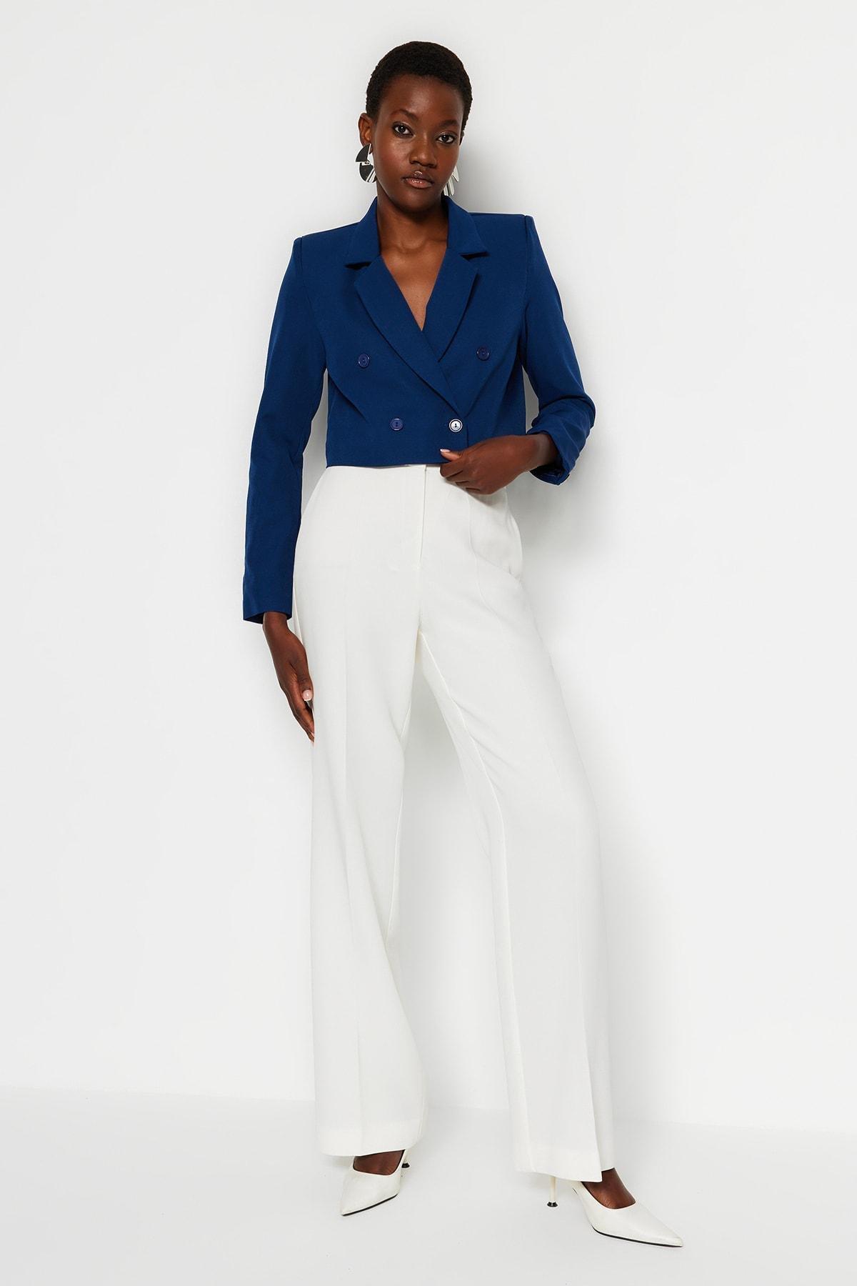 Blue Crop Woven Blazer Jacket, , large image number 0