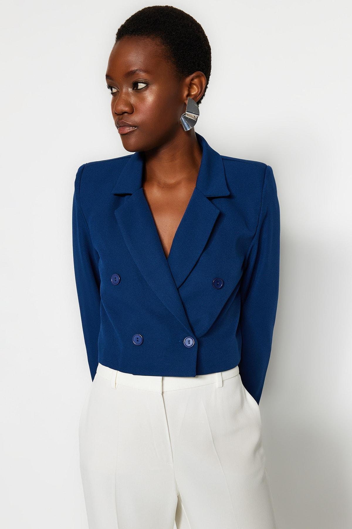 Blue Crop Woven Blazer Jacket, , large image number 1