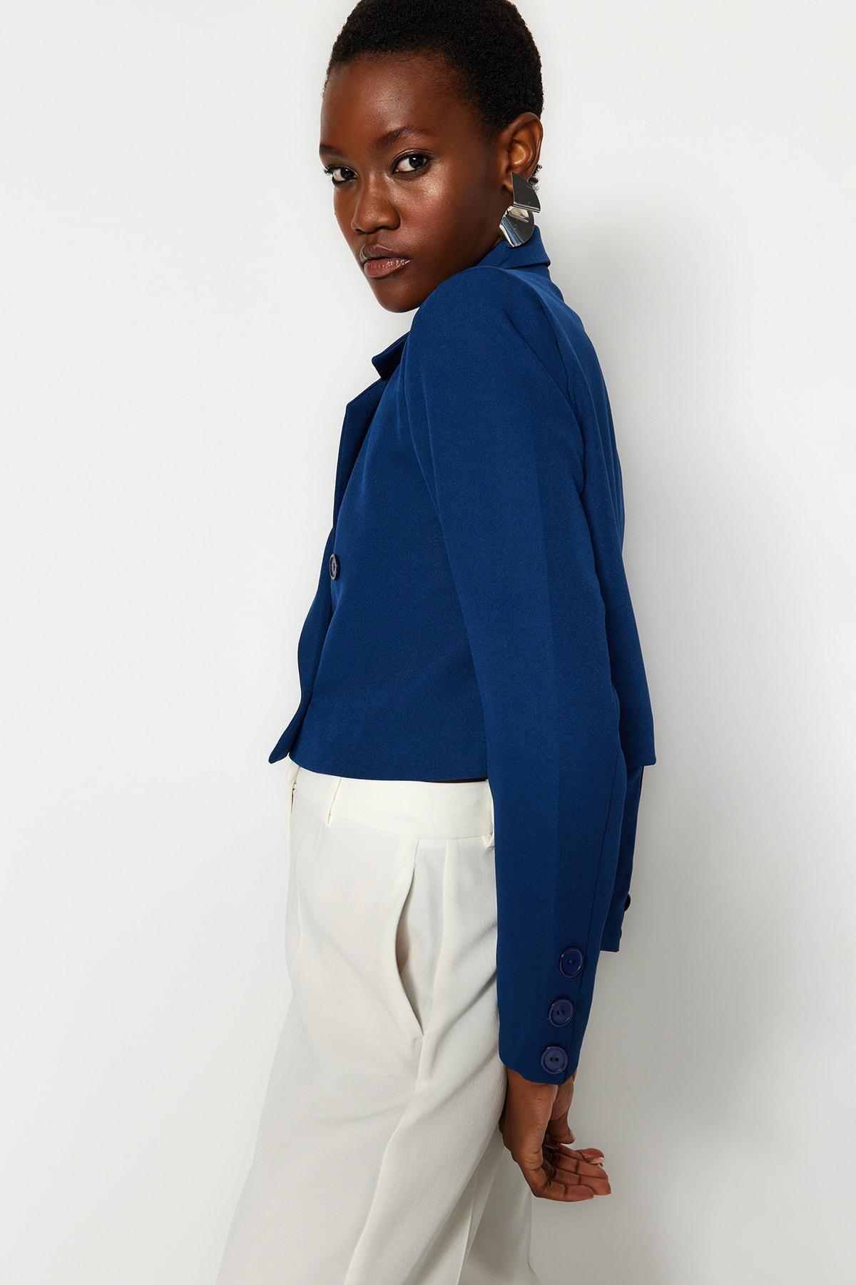 Blue Crop Woven Blazer Jacket, , large image number 2