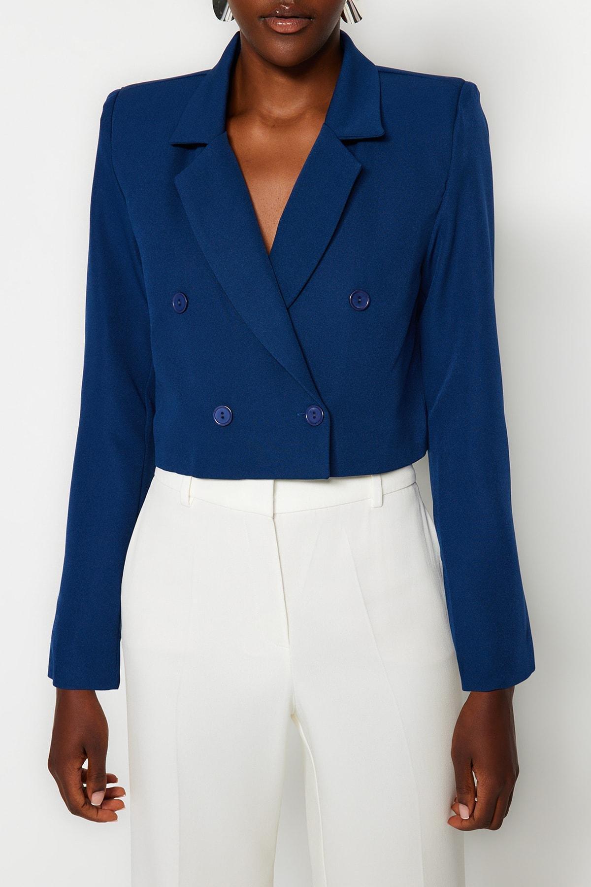 Blue Crop Woven Blazer Jacket, , large image number 4