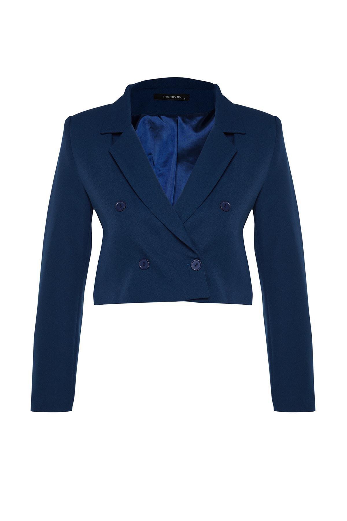 Blue Crop Woven Blazer Jacket, , large image number 5