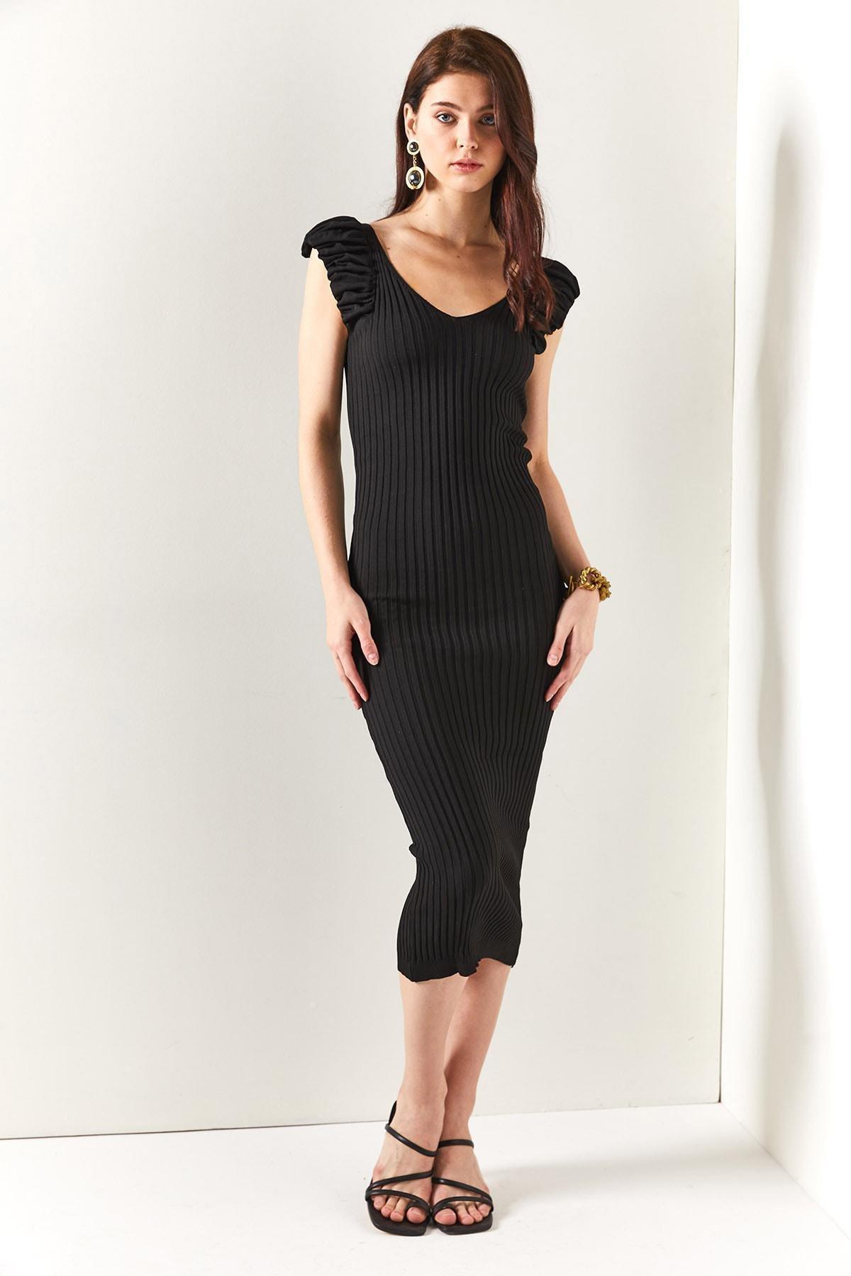 Black V-Neck A-Line Dress, BLACK, large image number 1