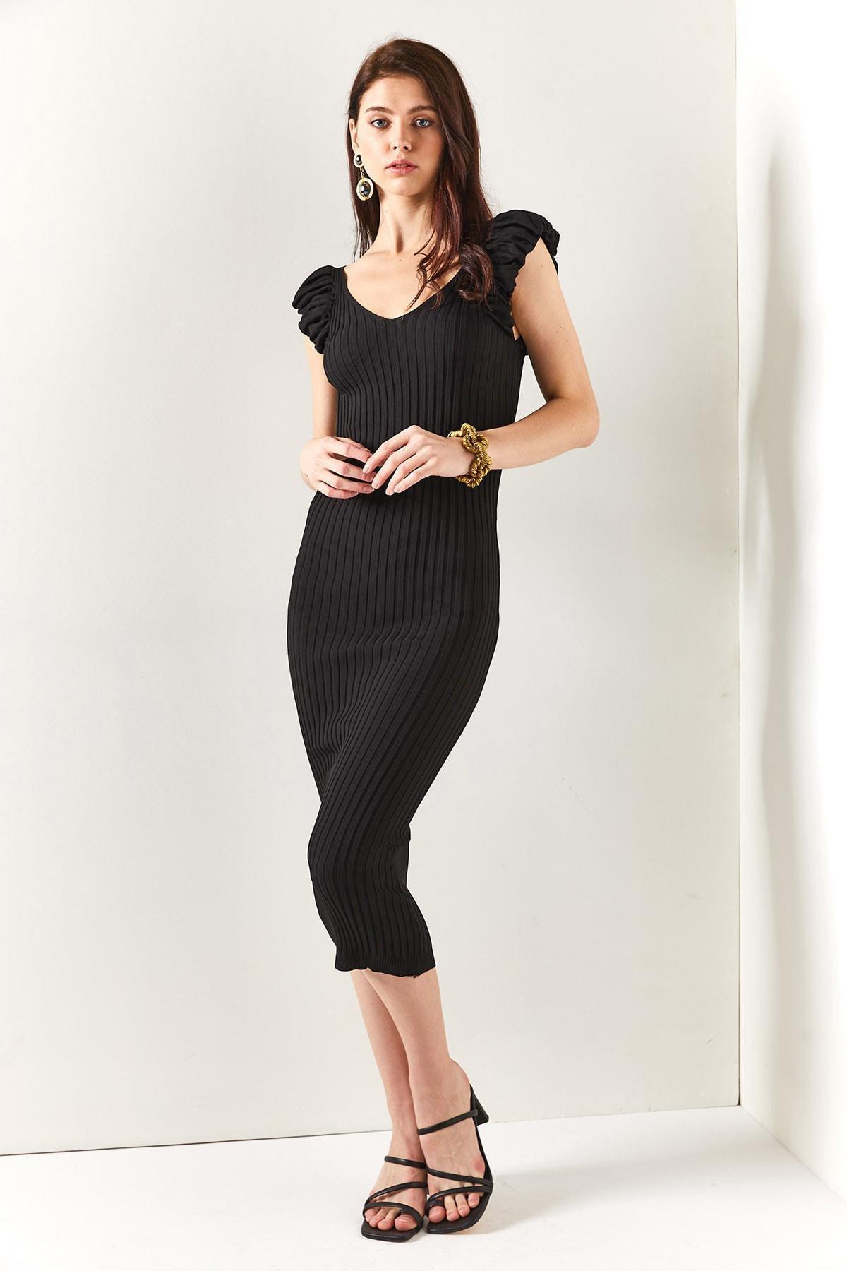 Black V-Neck A-Line Dress, BLACK, large image number 2