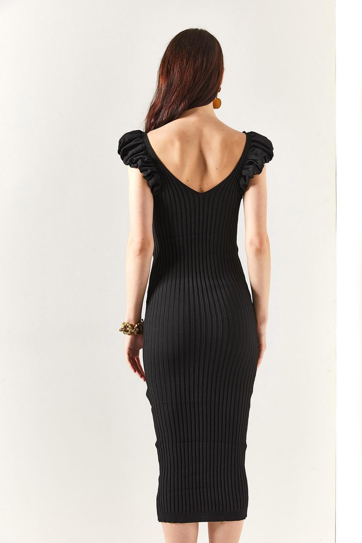 Black V-Neck A-Line Dress, BLACK, large image number 4