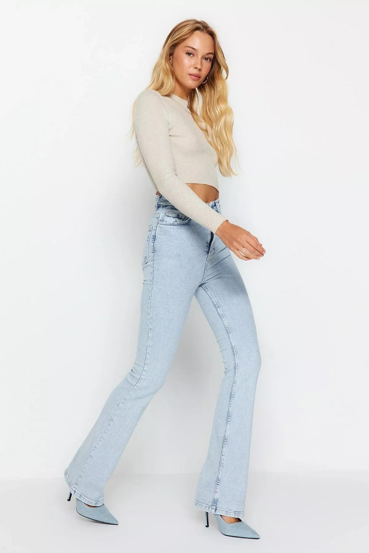 جينز واسع من الأسفل بخصر مرتفع، أزرق, LIGHT BLUE, large image number 1