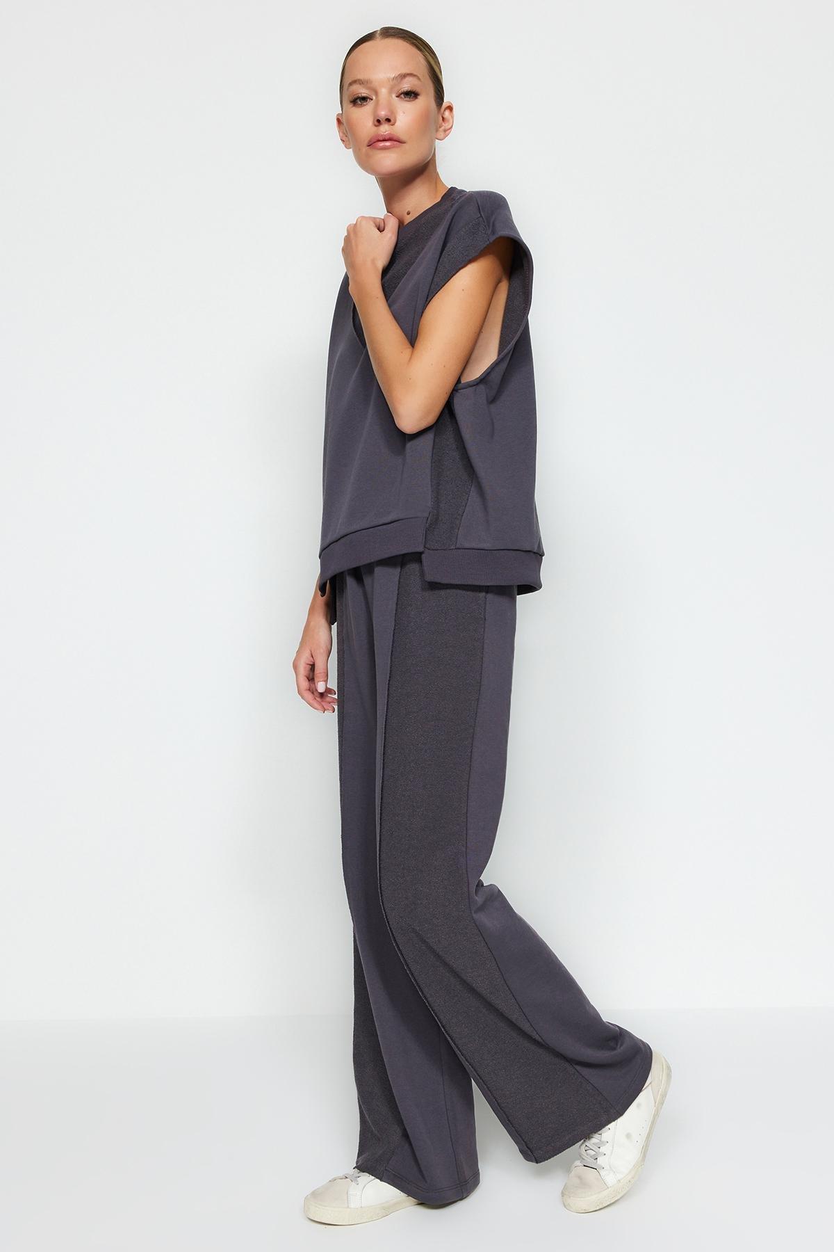Grey High Waist Thick Knitted Sweatpants, , large image number 2