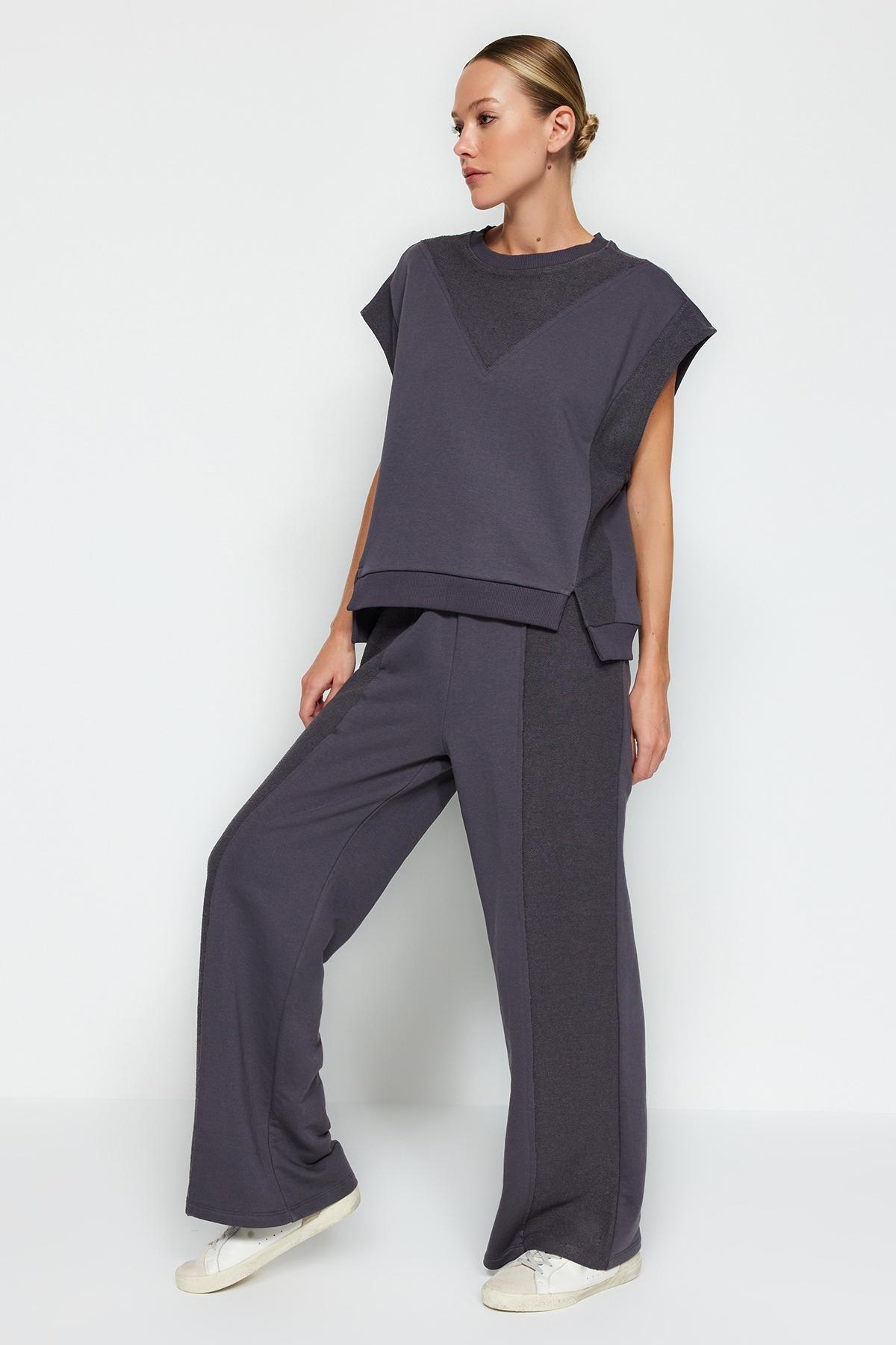 Grey High Waist Thick Knitted Sweatpants, , large image number 5