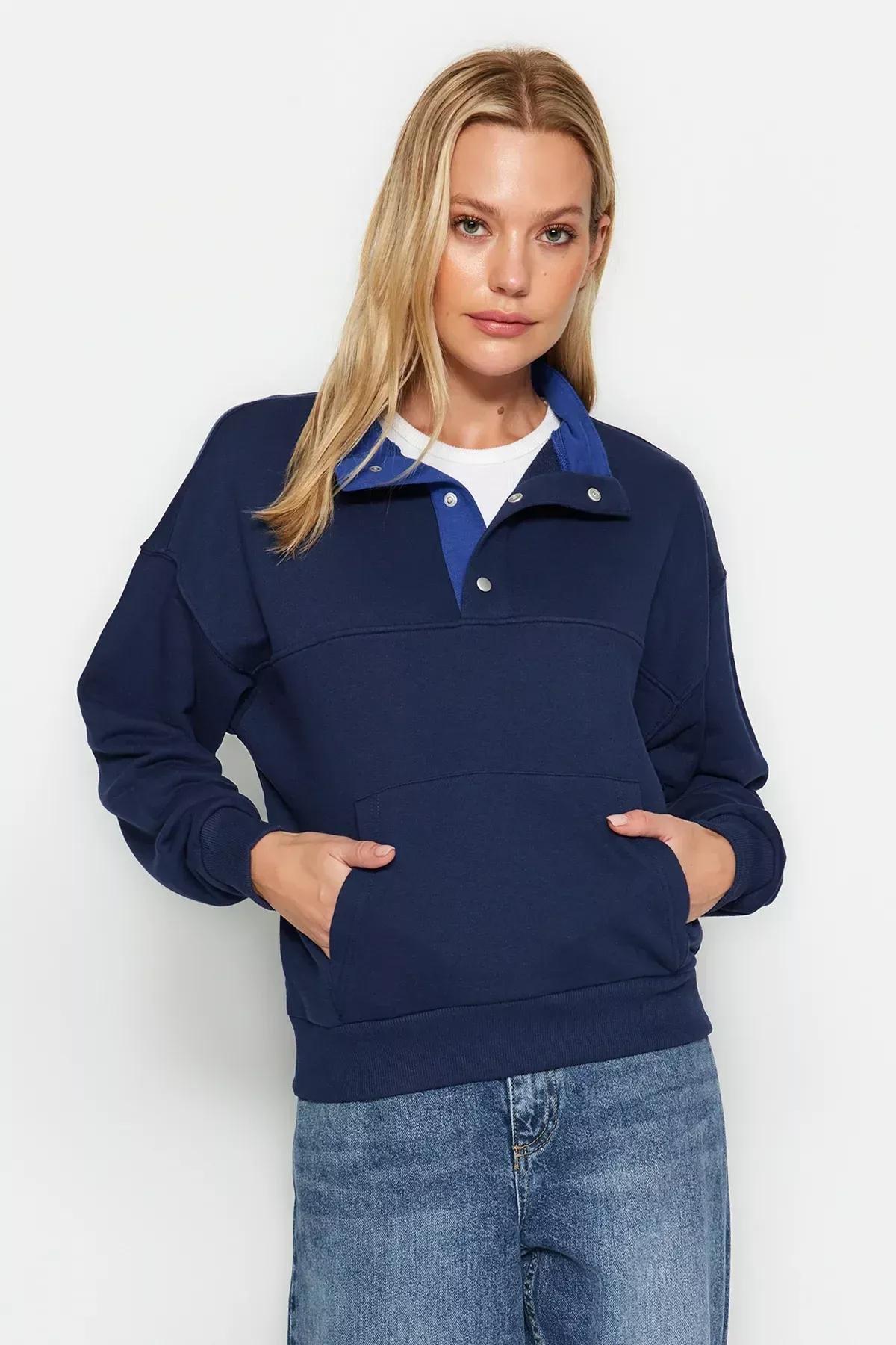 Blue Press-Studs Knitted Sweatshirt, Navy blue, large image number 1