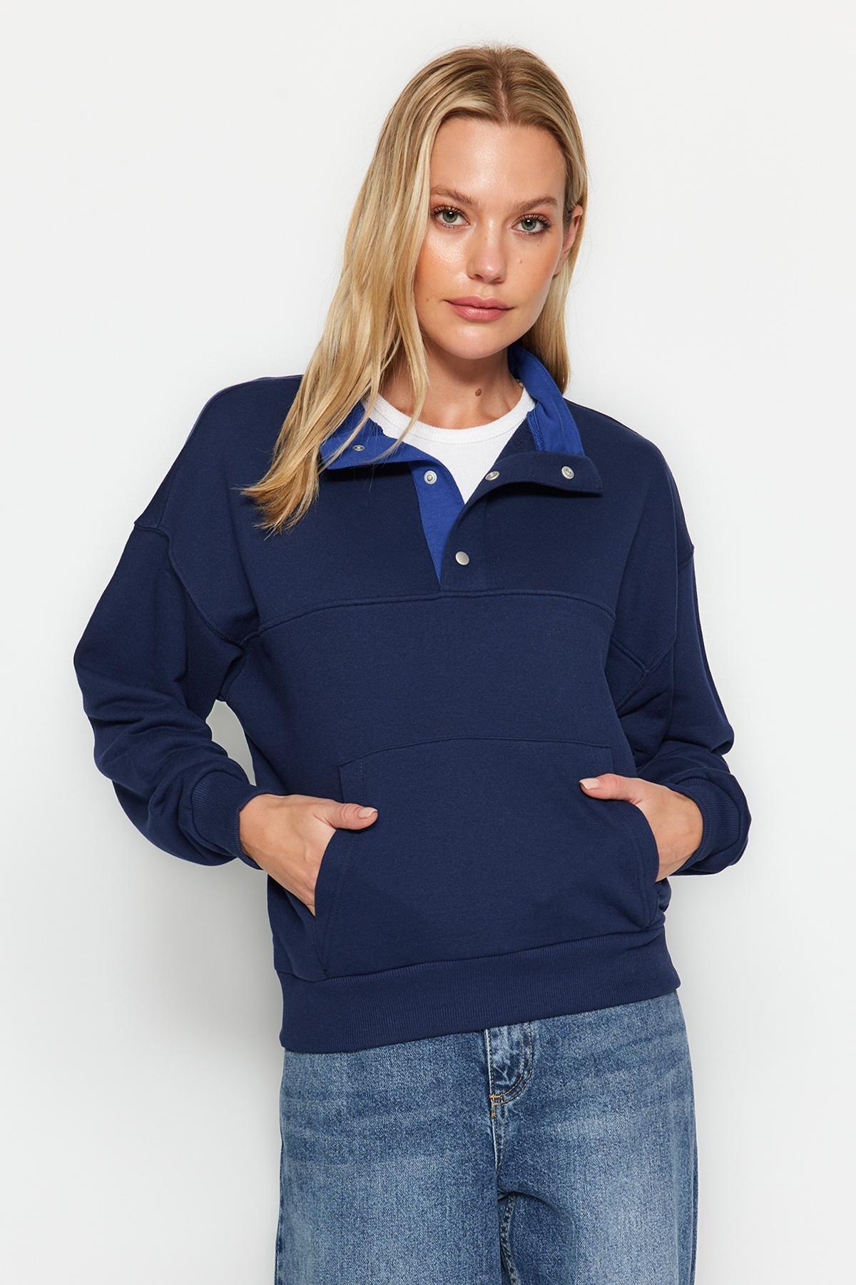 Blue Press-Studs Knitted Sweatshirt, Navy blue, large image number 1