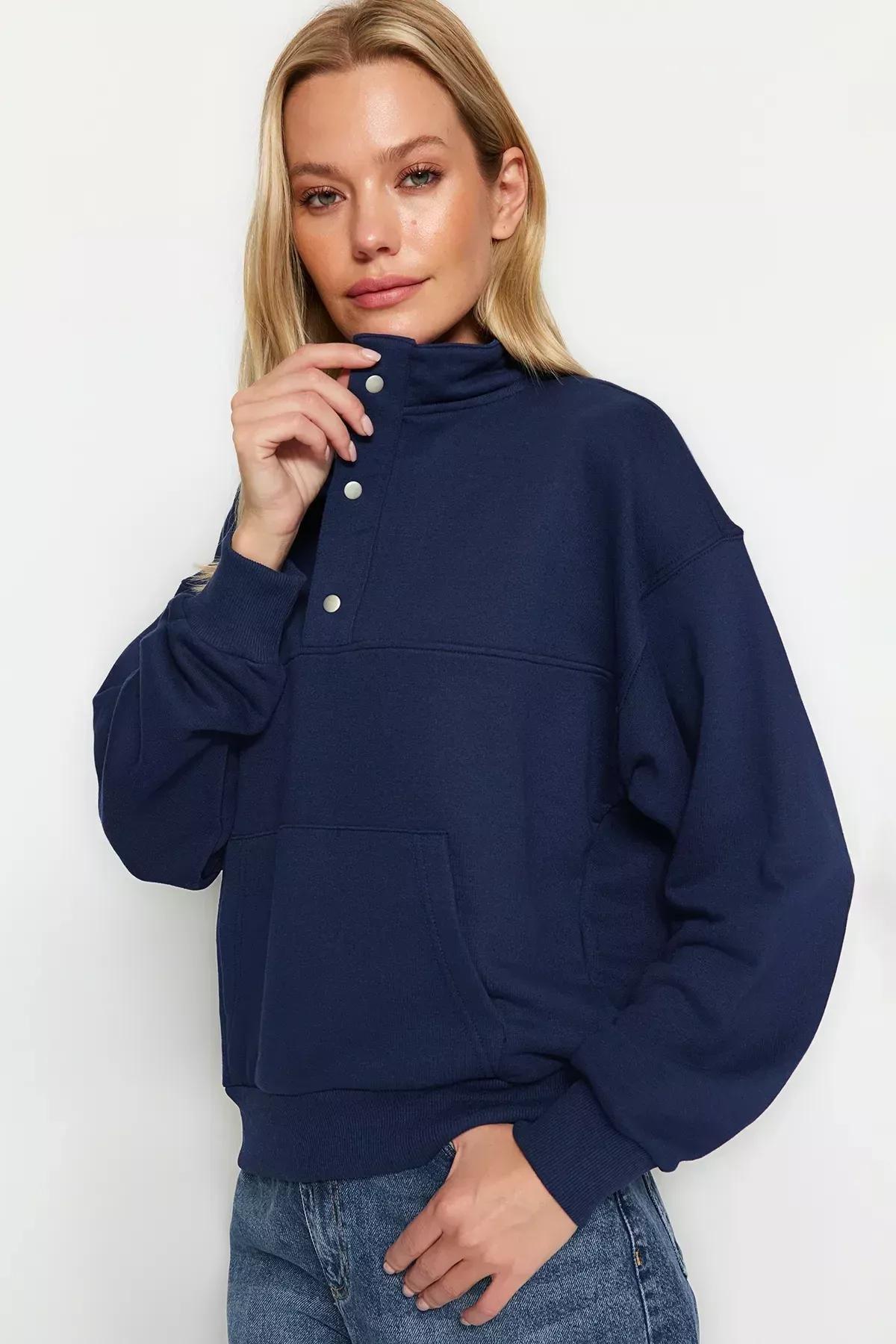 Blue Press-Studs Knitted Sweatshirt, Navy blue, large image number 2