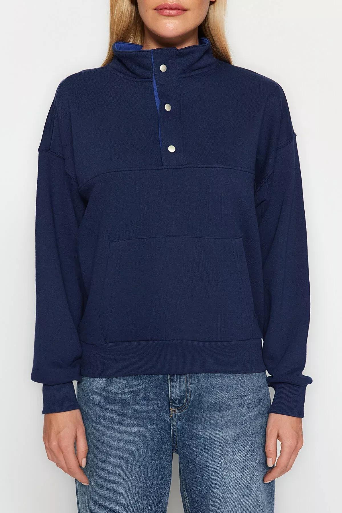 Blue Press-Studs Knitted Sweatshirt, Navy blue, large image number 3