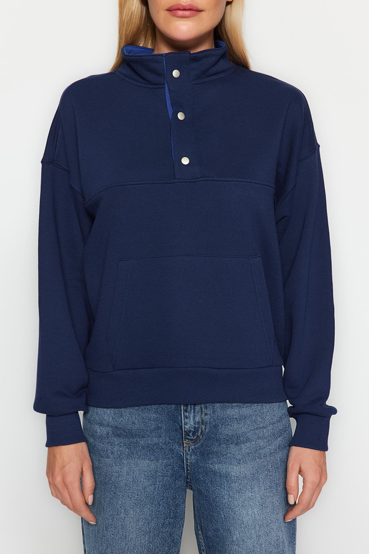 Blue Press-Studs Knitted Sweatshirt, Navy blue, large image number 3