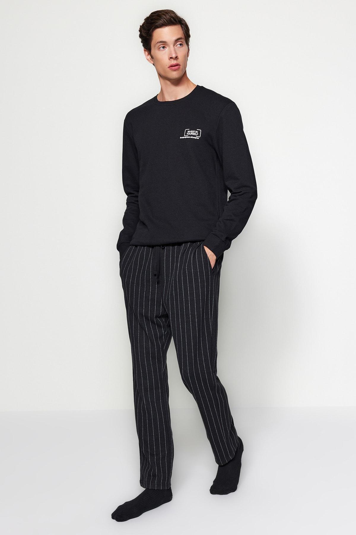 Black Striped Knitted Pyjamas Bottoms, , large image number 0