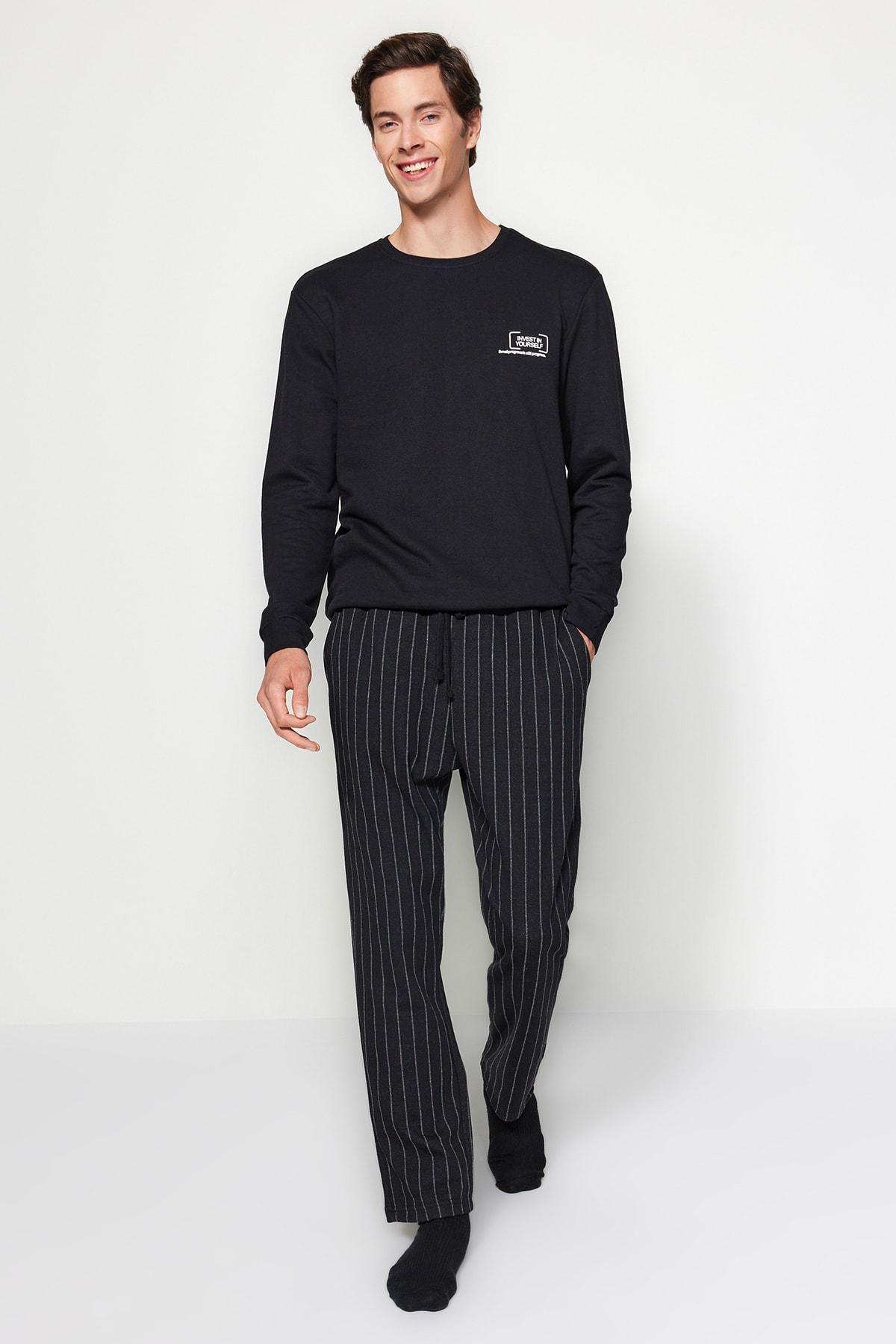 Black Striped Knitted Pyjamas Bottoms, , large image number 4
