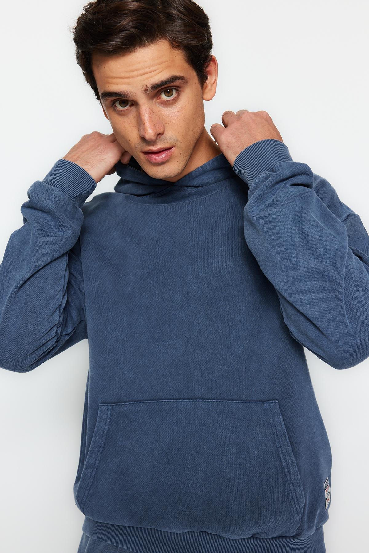 Trendyol - Blue Relaxed Faded Cotton Sweatshirt