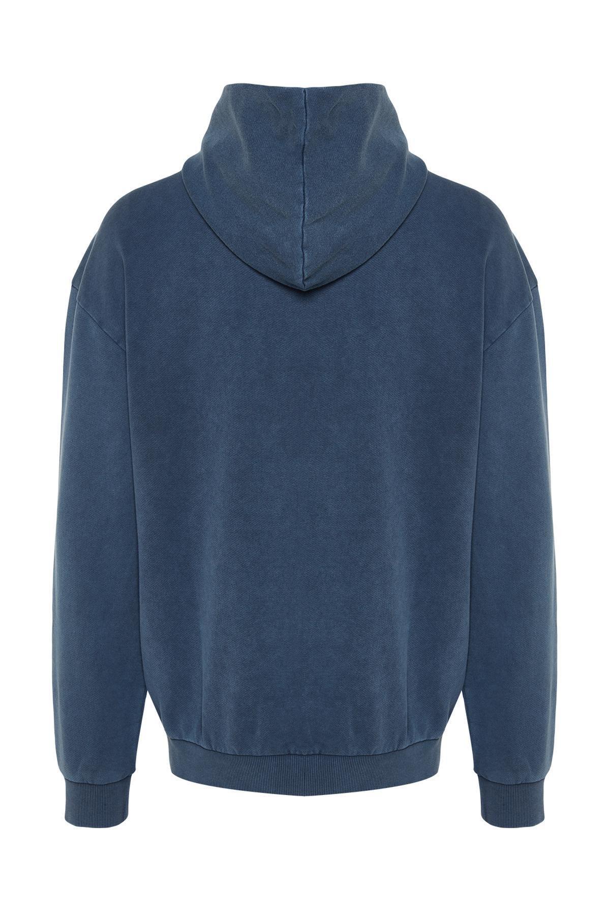 Trendyol - Blue Relaxed Faded Cotton Sweatshirt