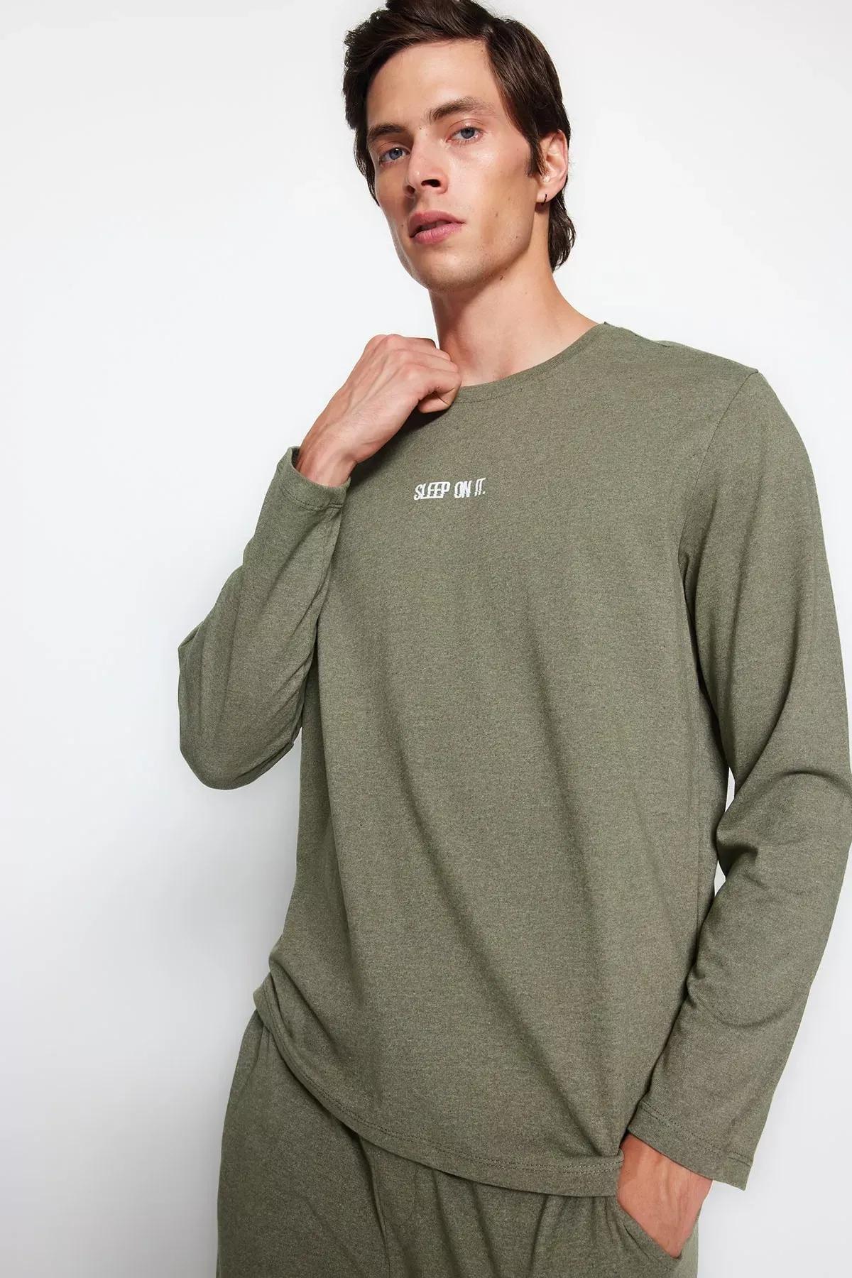 Khaki Printed Knitted Pyjamas Set, Khaki, large image number 0