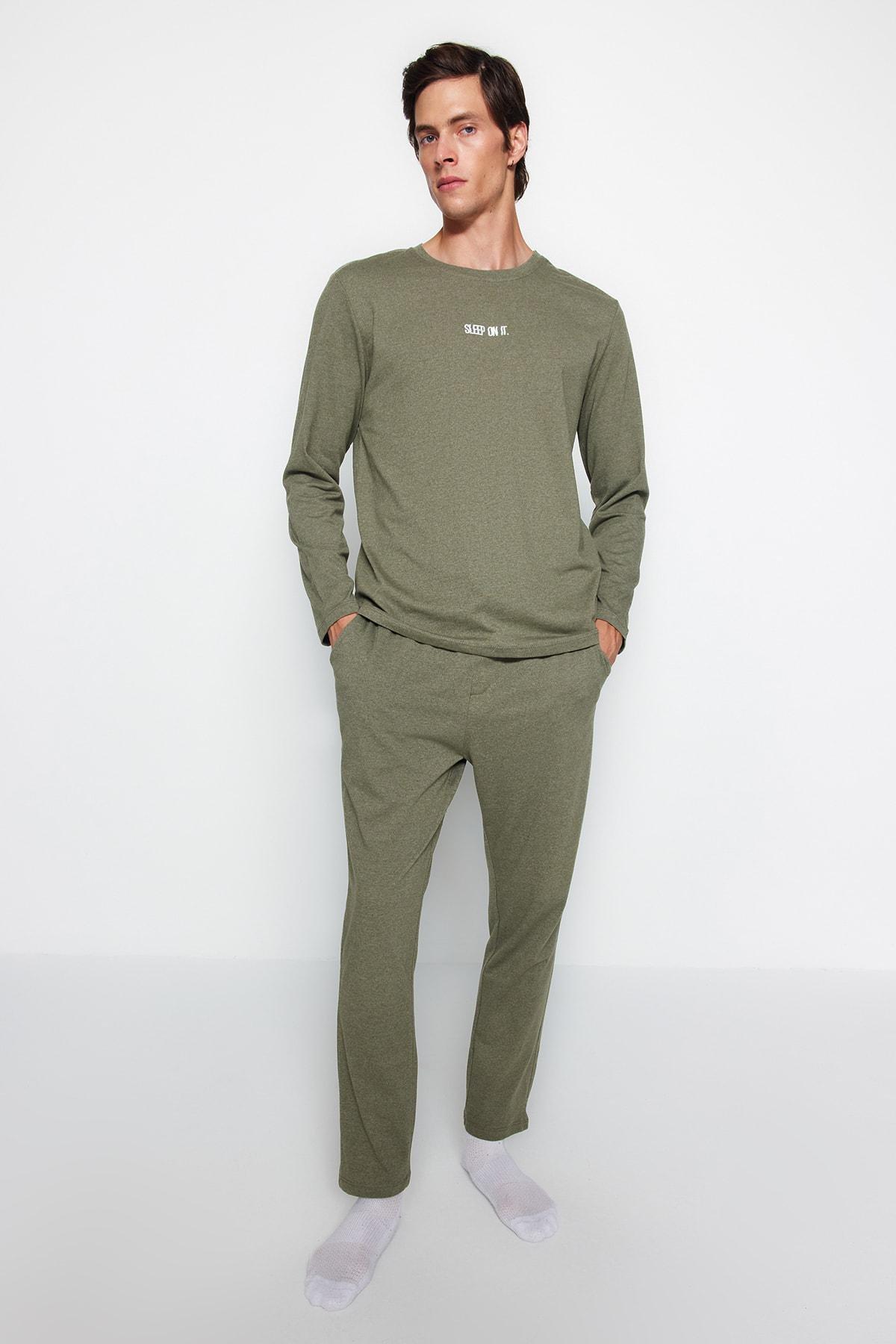 Khaki Printed Knitted Pyjamas Set, , large image number 0