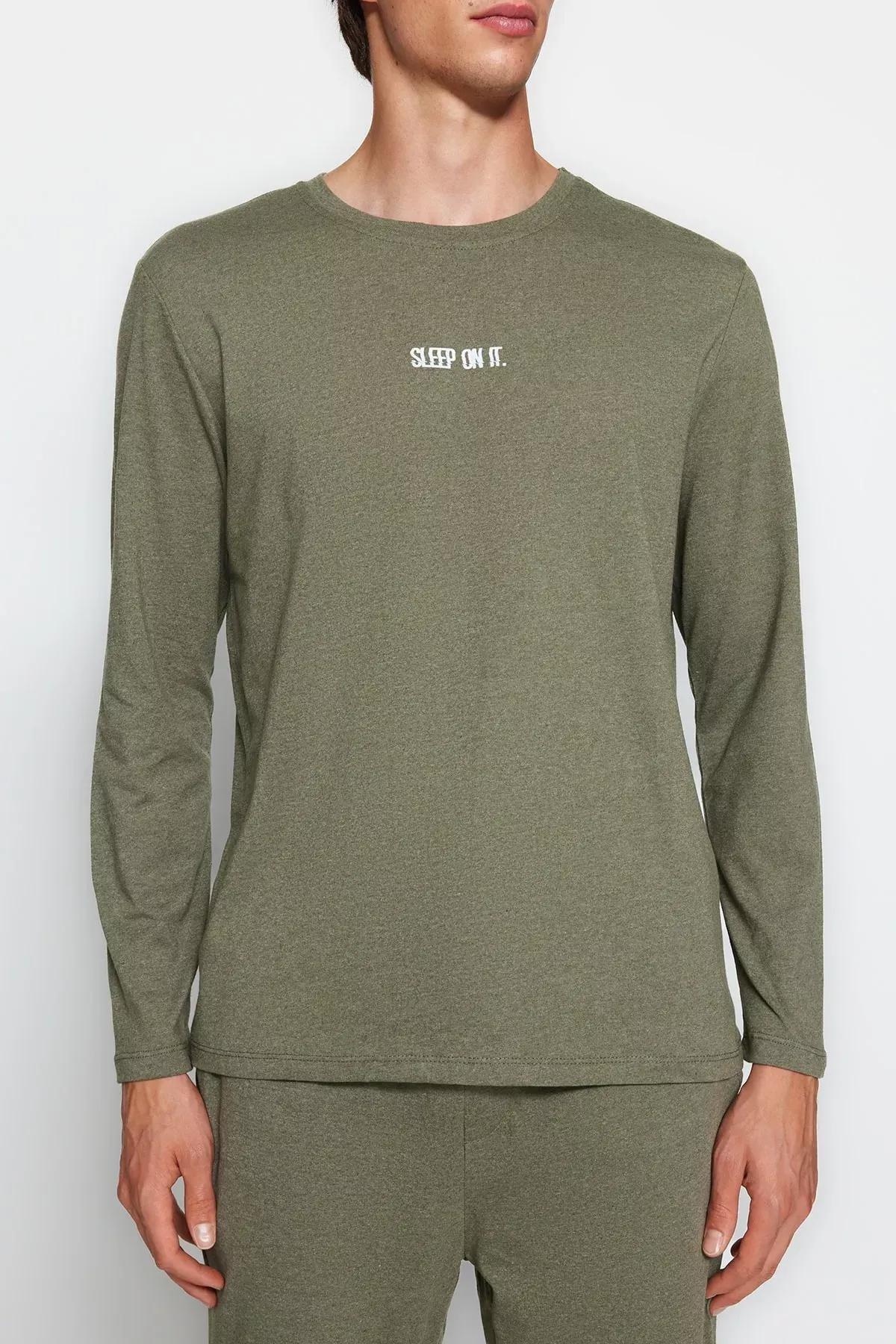 Khaki Printed Knitted Pyjamas Set, Khaki, large image number 1