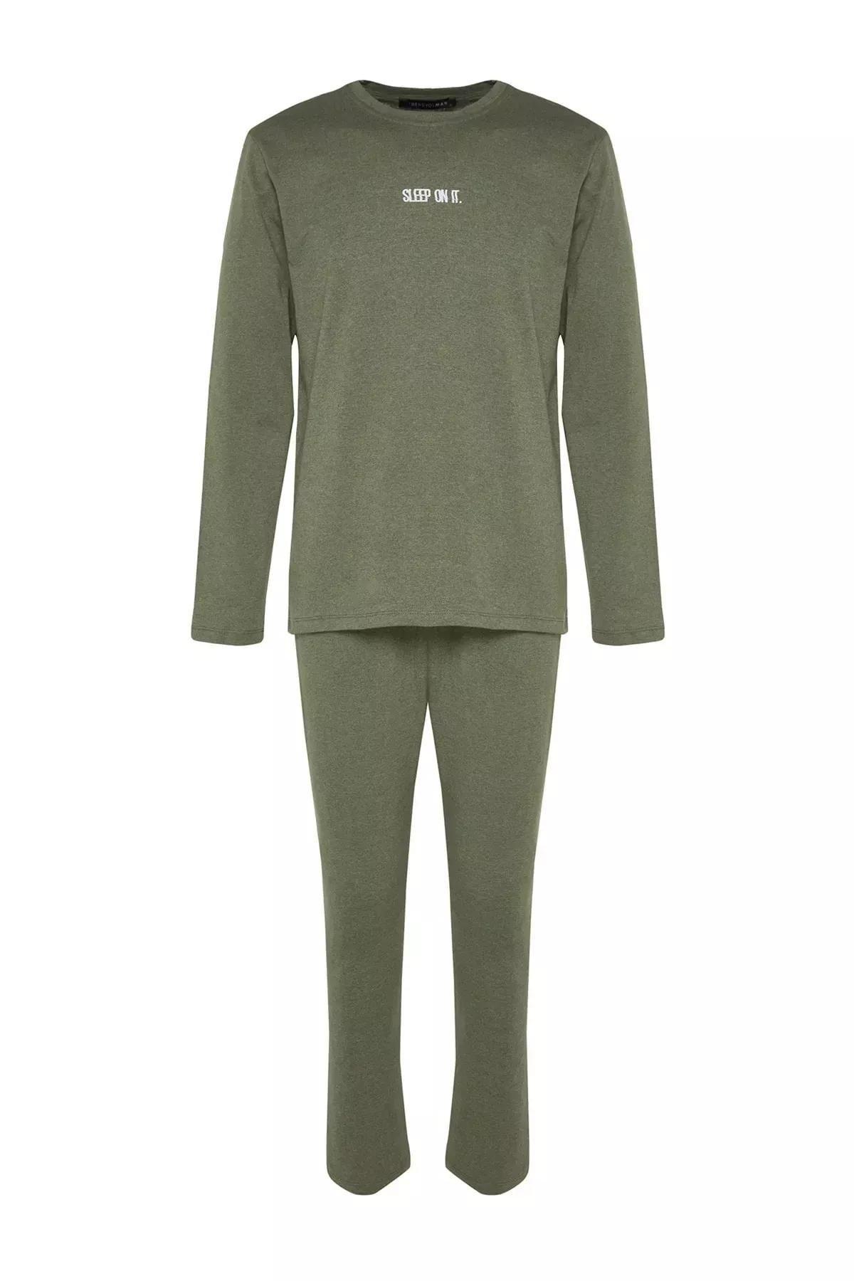 Khaki Printed Knitted Pyjamas Set, Khaki, large image number 5